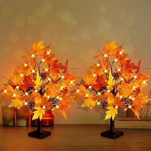 Miniatura 7 de CKE 2 piezas de árbol de arce artificial de otoño de 24 pulgadas, funciona con pilas USB con temporizador, 24 luces LED para decoración de Acción de
