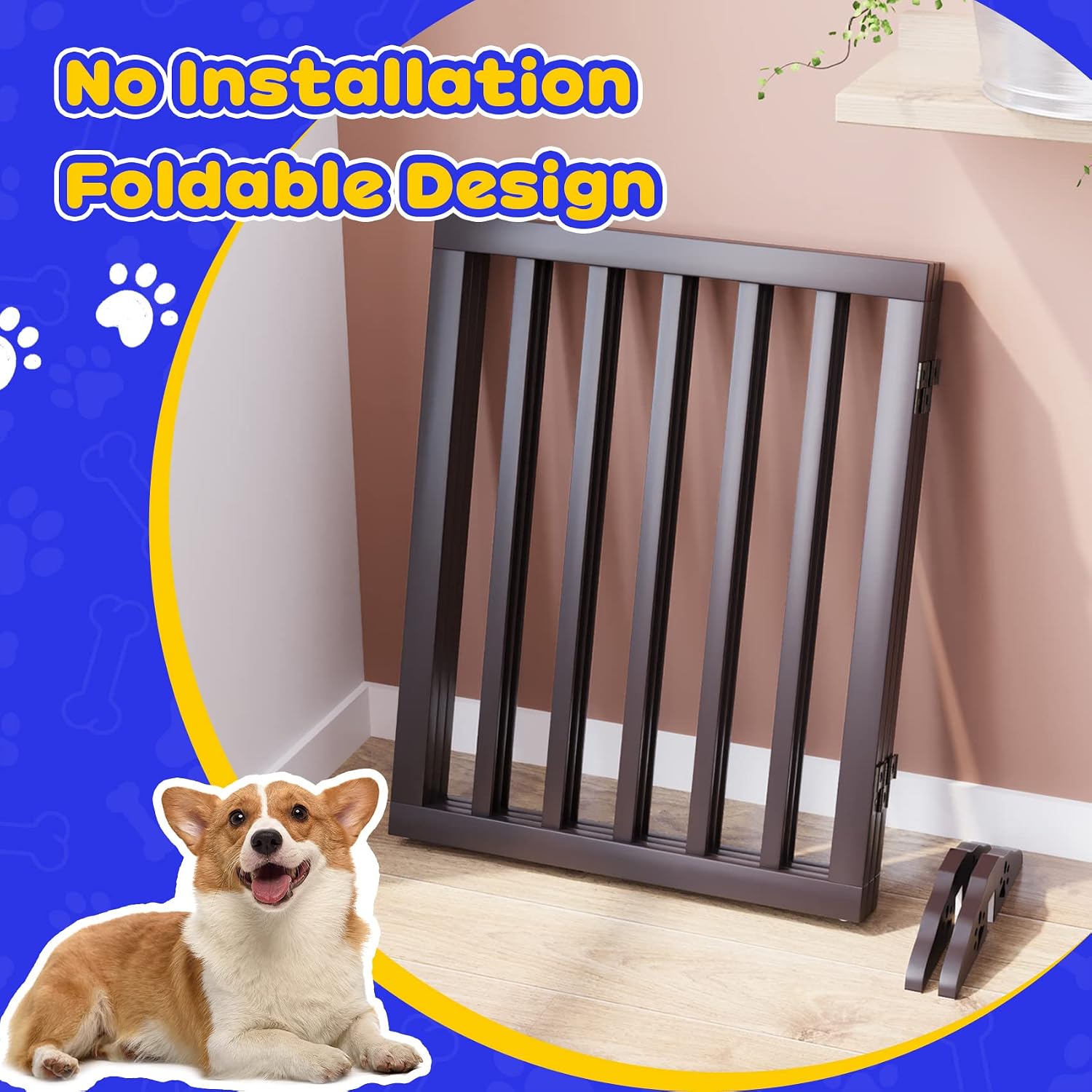 Semiocthome Free Standing Pet Gates for Dog Indoor, 3-Panel Puppy Gates for The House with 2PCS Support Feet, 24“(H) Folding Dog Gate for Stairs Expands Up to 55" (W) No Installation Resquired- Brown