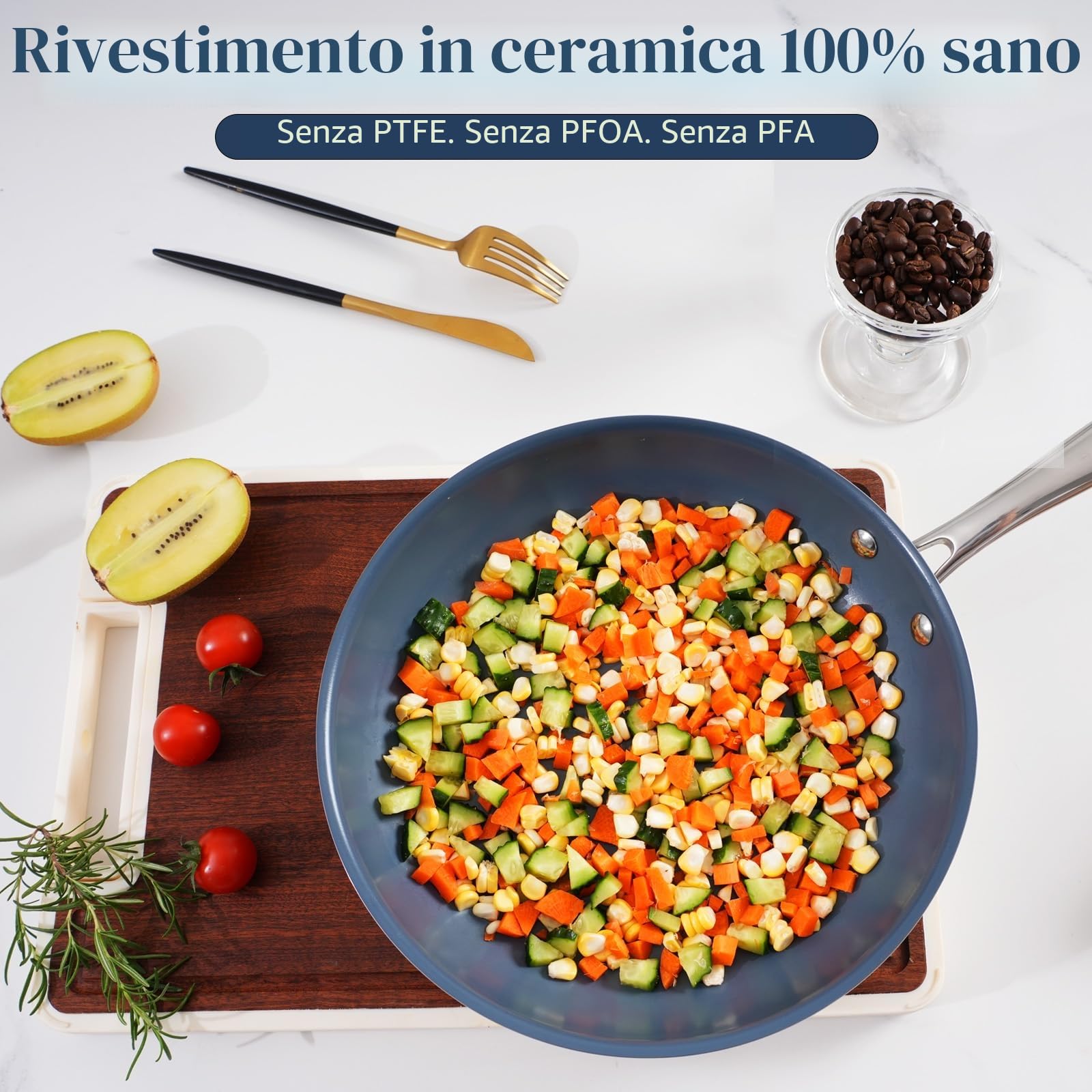 Padella antiaderente in acciaio inox da 26 cm, con rivestimento in ceramica sano, non tossico e coperchio, senza PTFE, PFAS, PFOA, adatta per fornelli a induzione, elettrici e a gas, lavabile in.