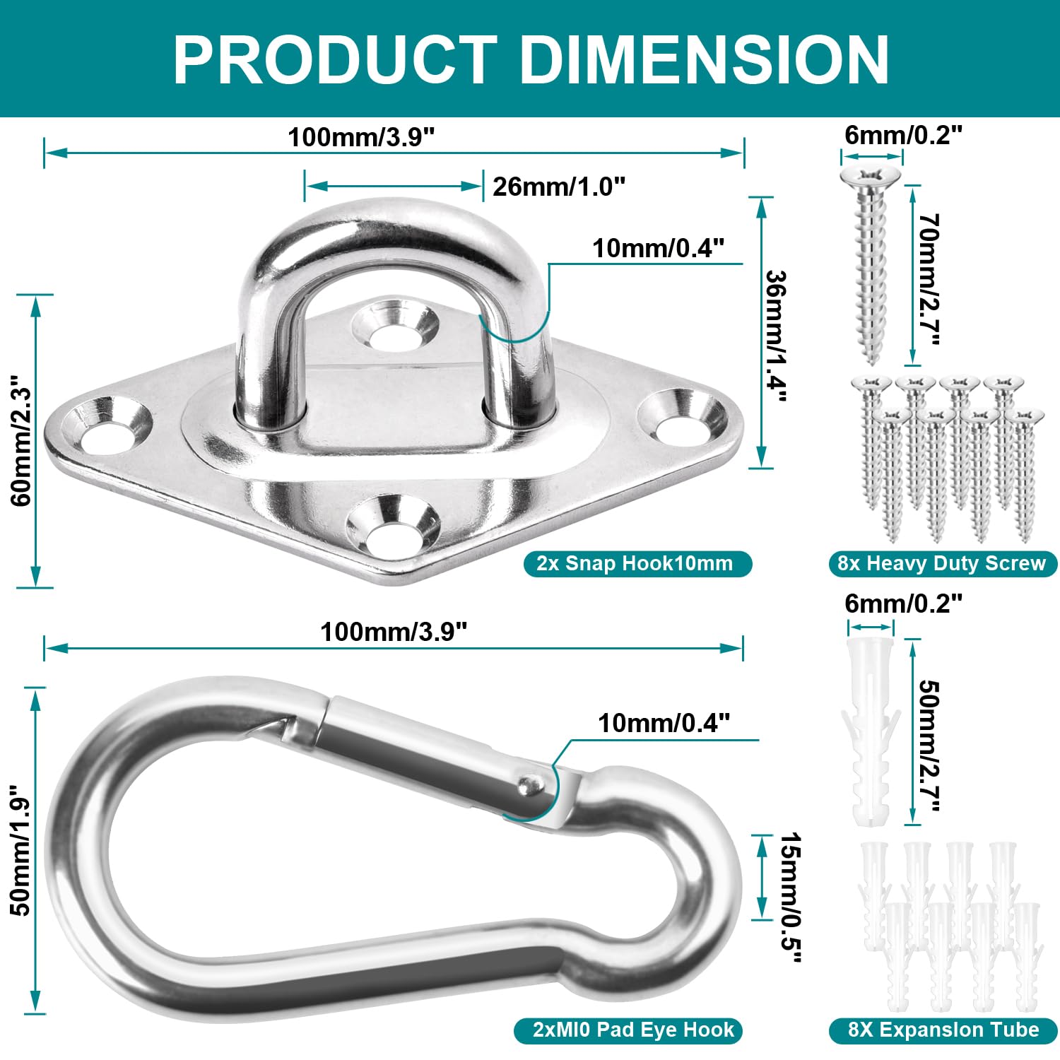 Kit de hamaca resistente para colgar – Ganchos oscilantes de capacidad de 1700 libras, ganchos de techo para montaje en pared/techo, interior y exterior, acero inoxidable (grande)