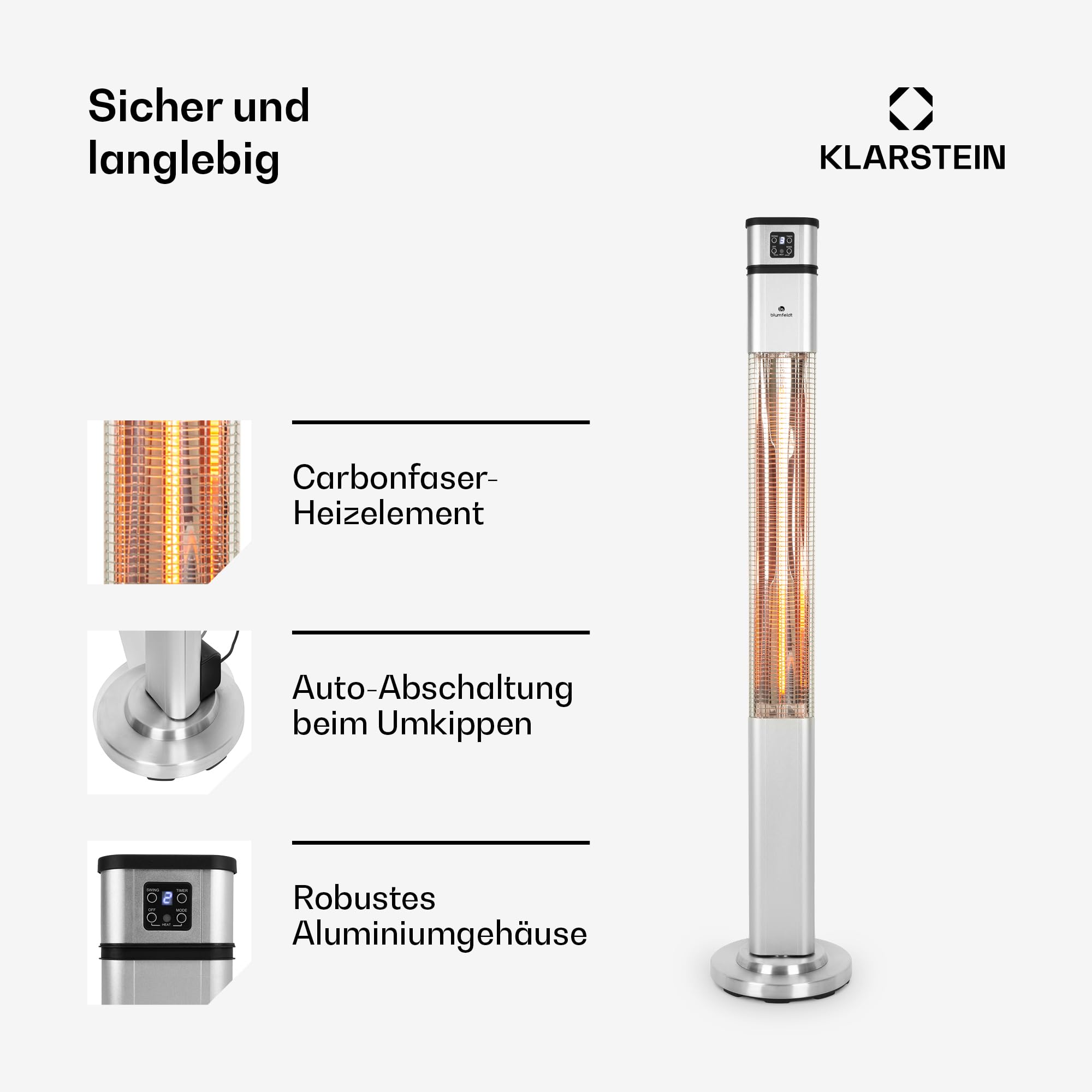 blumfeldt Heat Guru Plus Standheizstrahler - Stand Heizstrahler mit 2000 W Leistung, 3 Heizstufen, Infrarotstrahler mit Timer, 60° Oszillation, Carbon-Heizelement, Fernbedienung, Edelstahl, Silber