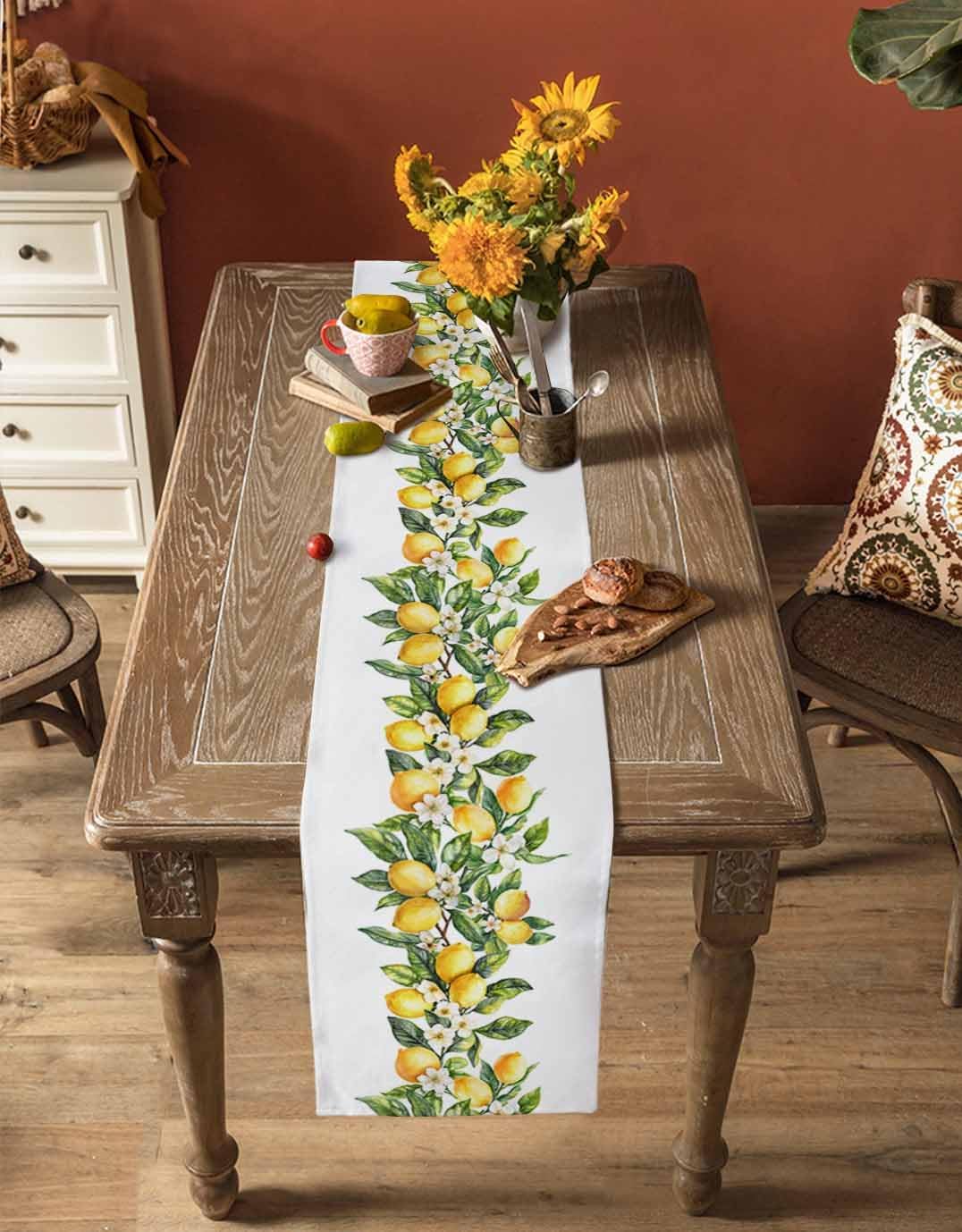 Dining Table Runner Dresser Scarf Linen Burlap Fabric,Summer Lemon Green Leaves Washable Table Runners 72 Inches Long for Farmhouse Home Kitchen Wedding Party Decor