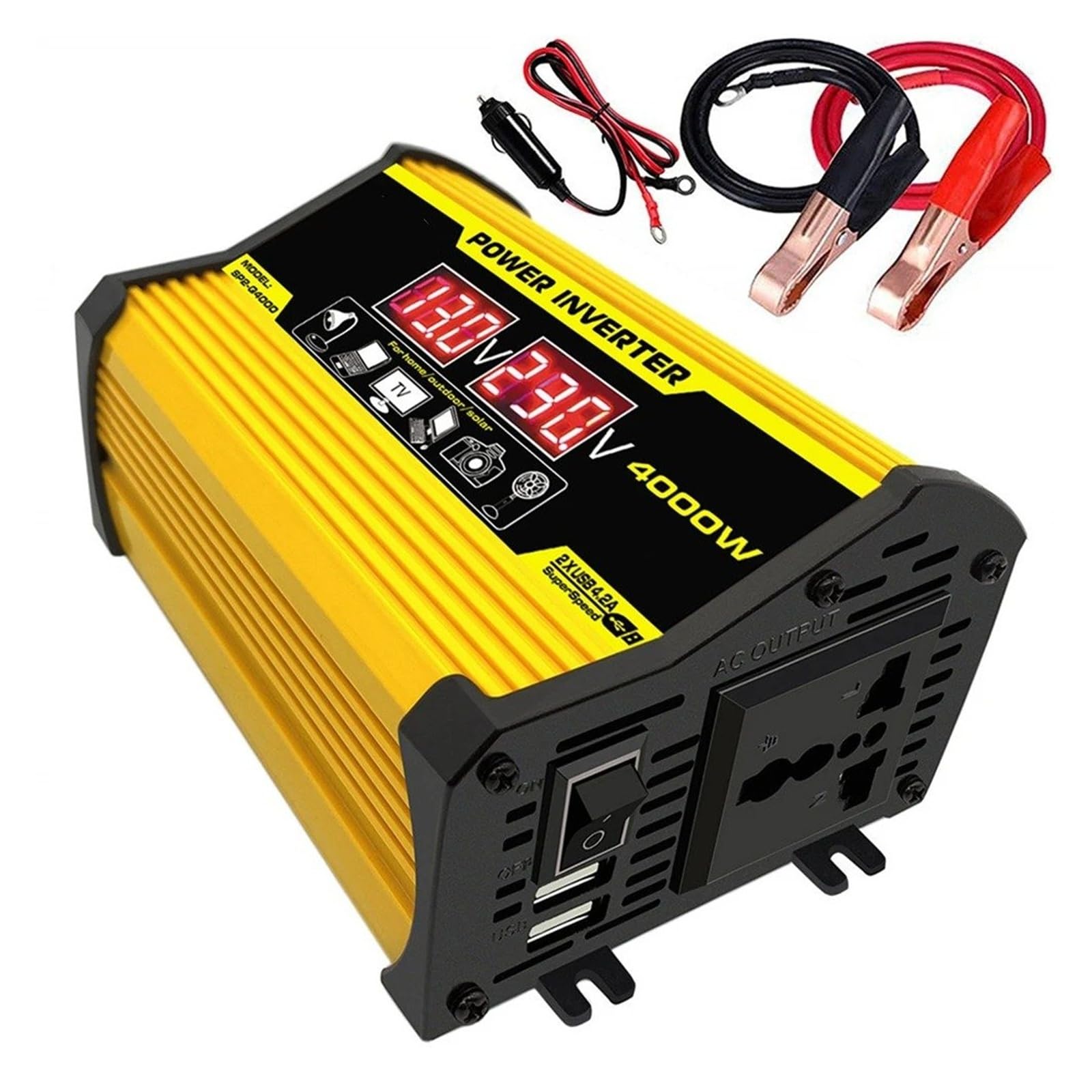 Onduleur Voiture Onduleur Portable pour Voiture Transformateur 12 Volts DC À 110/220 4000W Onde Sinusoïdale Modifiée USB Convertisseur