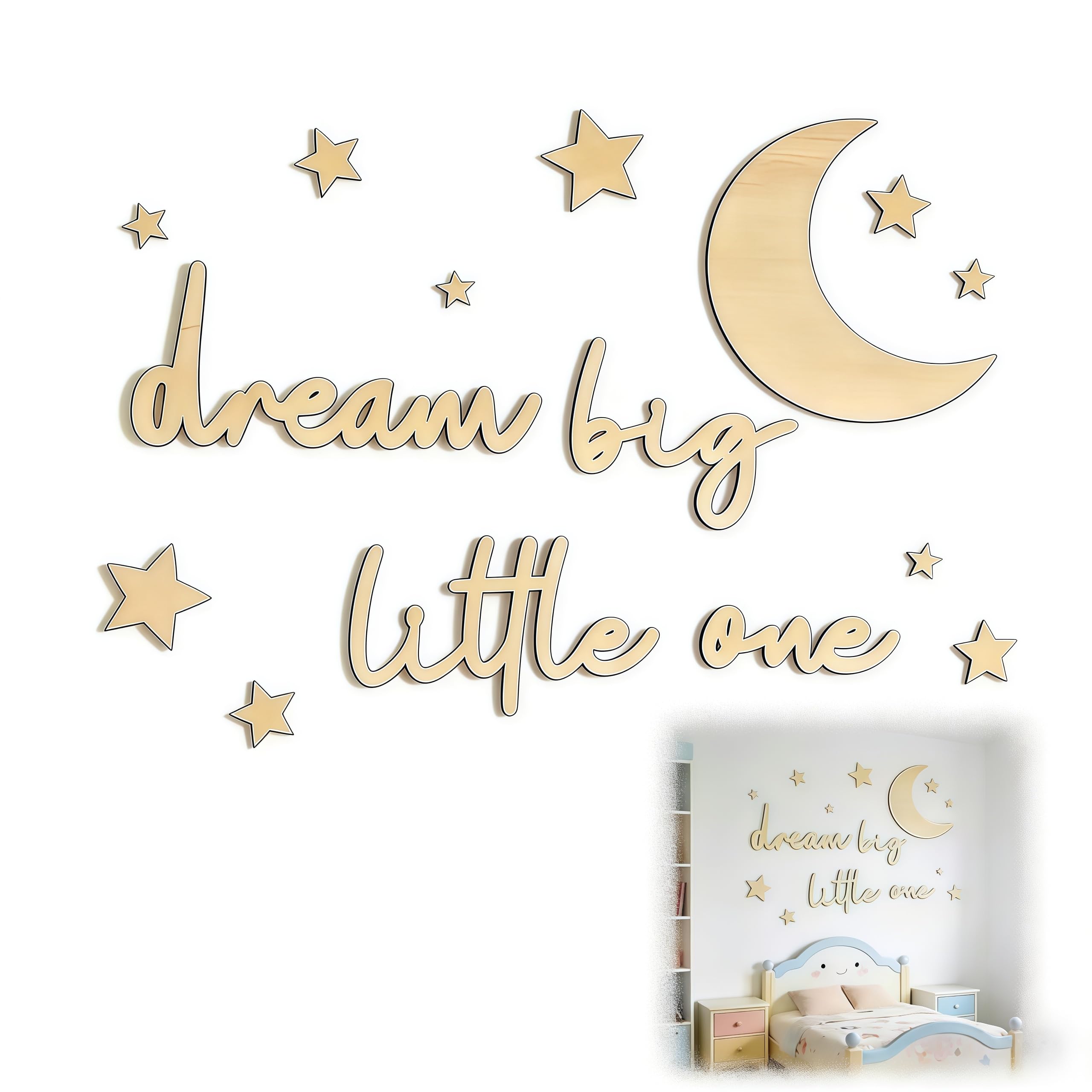 Decorazione da Parete in Legno Dream Big Little One 15 Pezzi Lettere in Legno con Luna e Stelle Stile Boho per Camera da Letto Bambini Soggiorno Casa