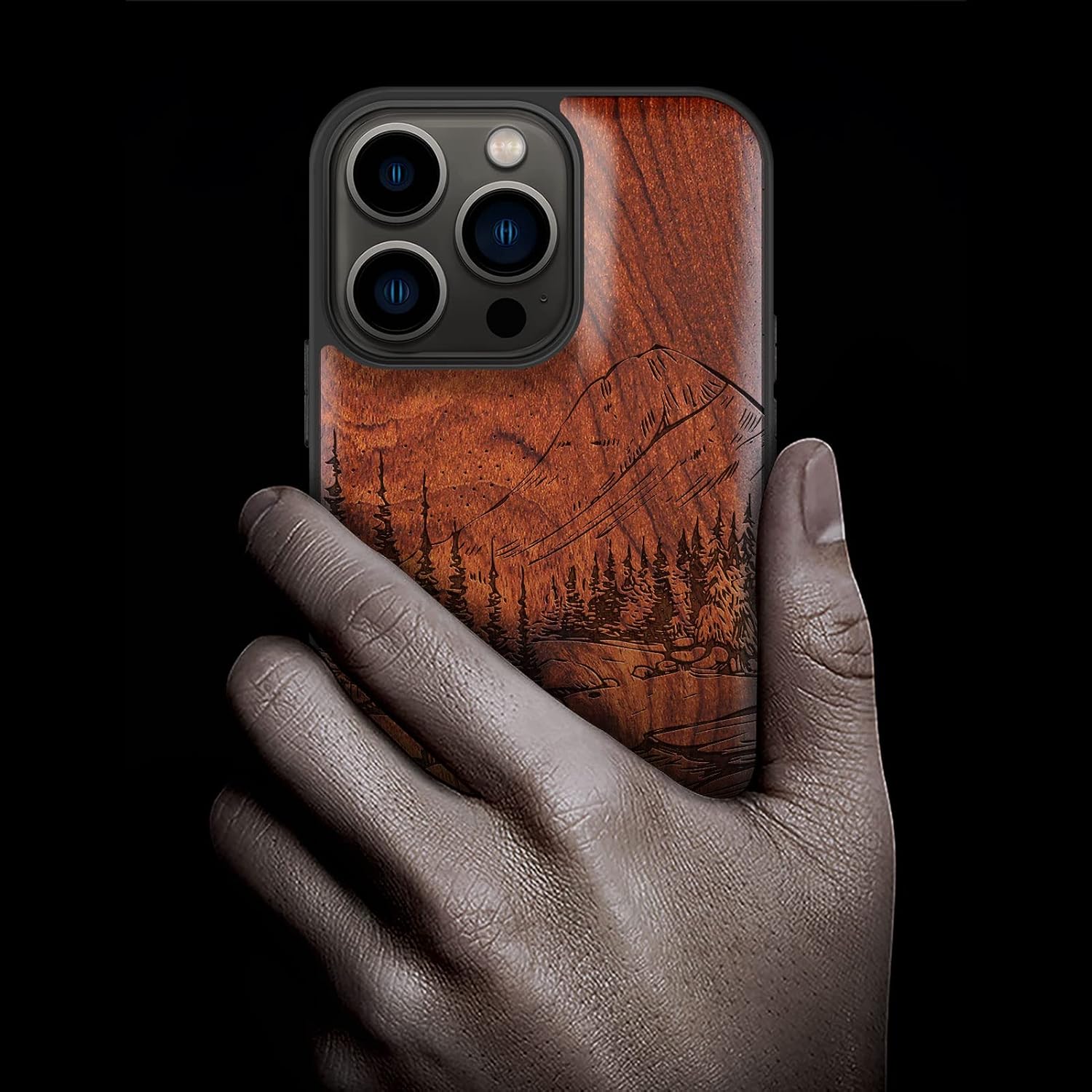 Carveit Magnetic Wood Case for iPhone 13 Pro Case [Natural Wood & Black Soft TPU] Unique Wooden Shockproof Protective Cover Compatible with magsafe (Natural Landscape -Rosy)