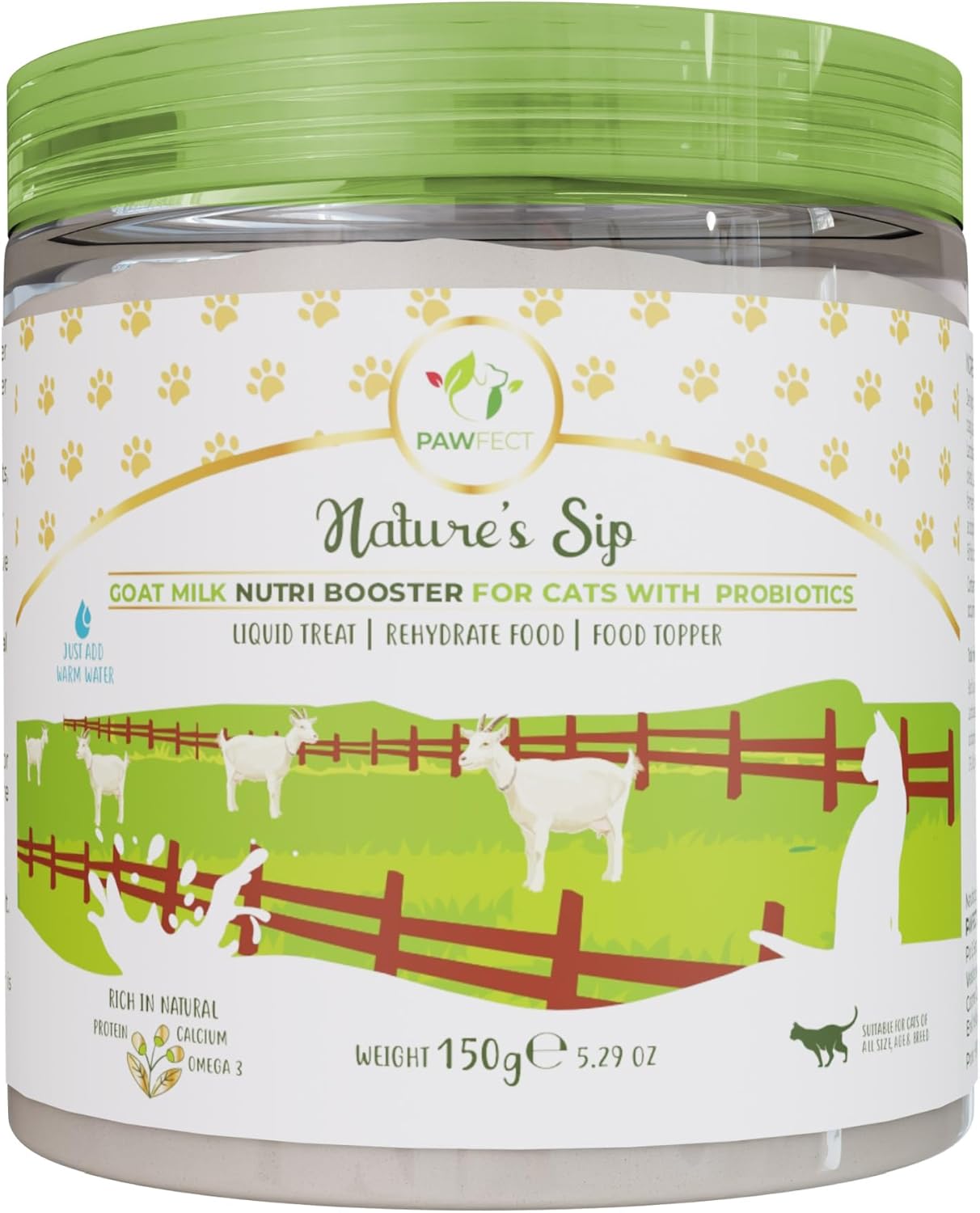 Pawfect Nature's Sip Goat Milk Nutri Booster Powder for Cats- All Natural - Rehydrate Food - Probiotic Milk Supplement - Immunity Booster - Food Topper - Liquid Treat (150g/5.29oz)
