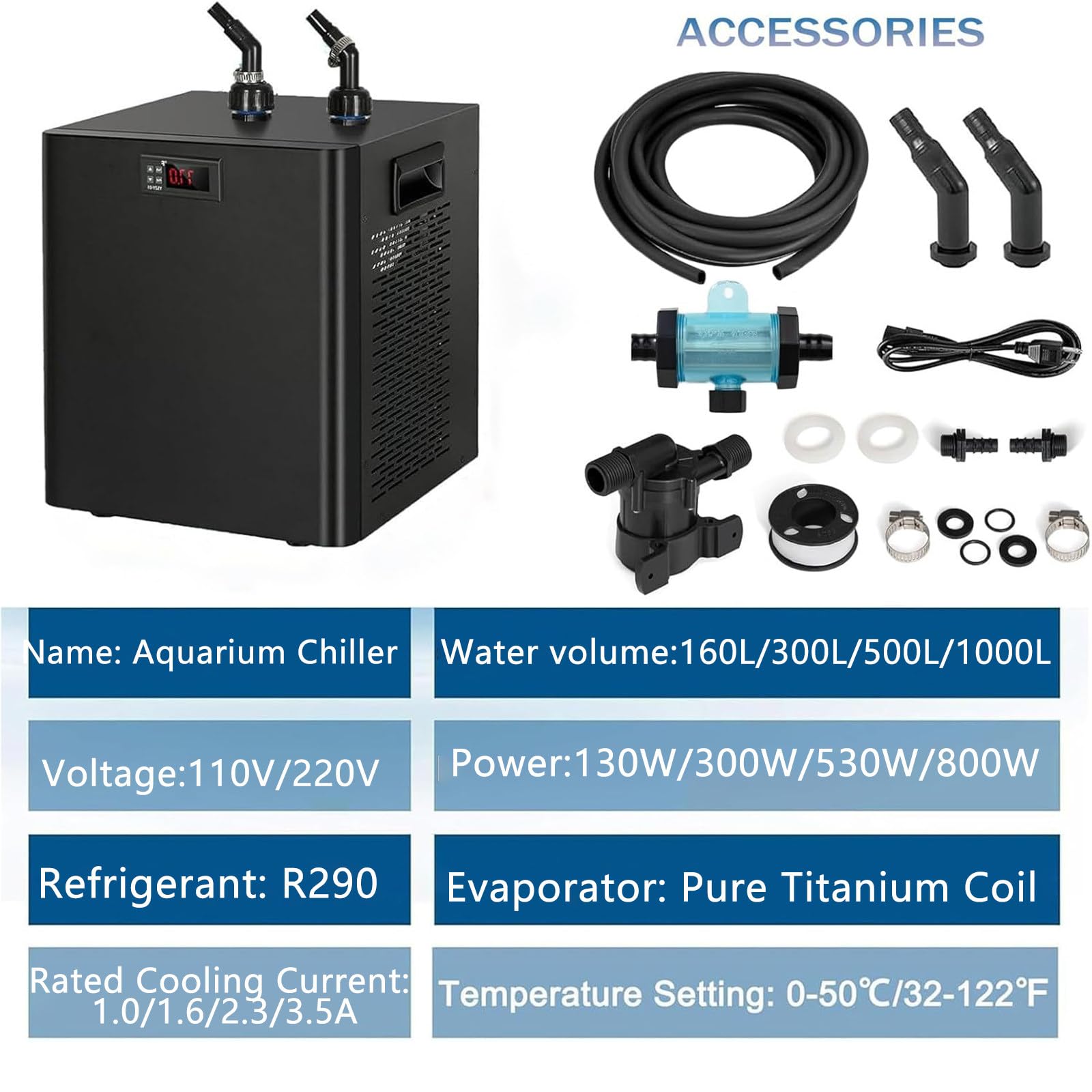 Enfriador para Acuario, diseño silencioso Especial, Enfriador de baño de Hielo para ajolotes de Agua Salada y Dulce y Medusas de Coral, fácil de Usar 160L/42gal