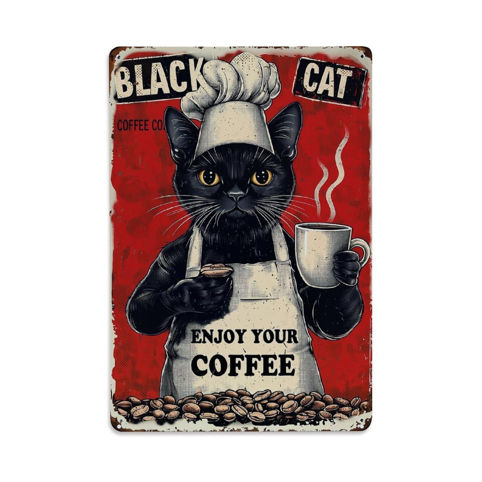 Bliveurn Vintage Black Cat Coffee Chef Poster Retro Metal Tin Sign, Metal Poster For Home, Gaming Room, Studio Workshop,Bar,Garage Wall Art Decor 8X12 Inch