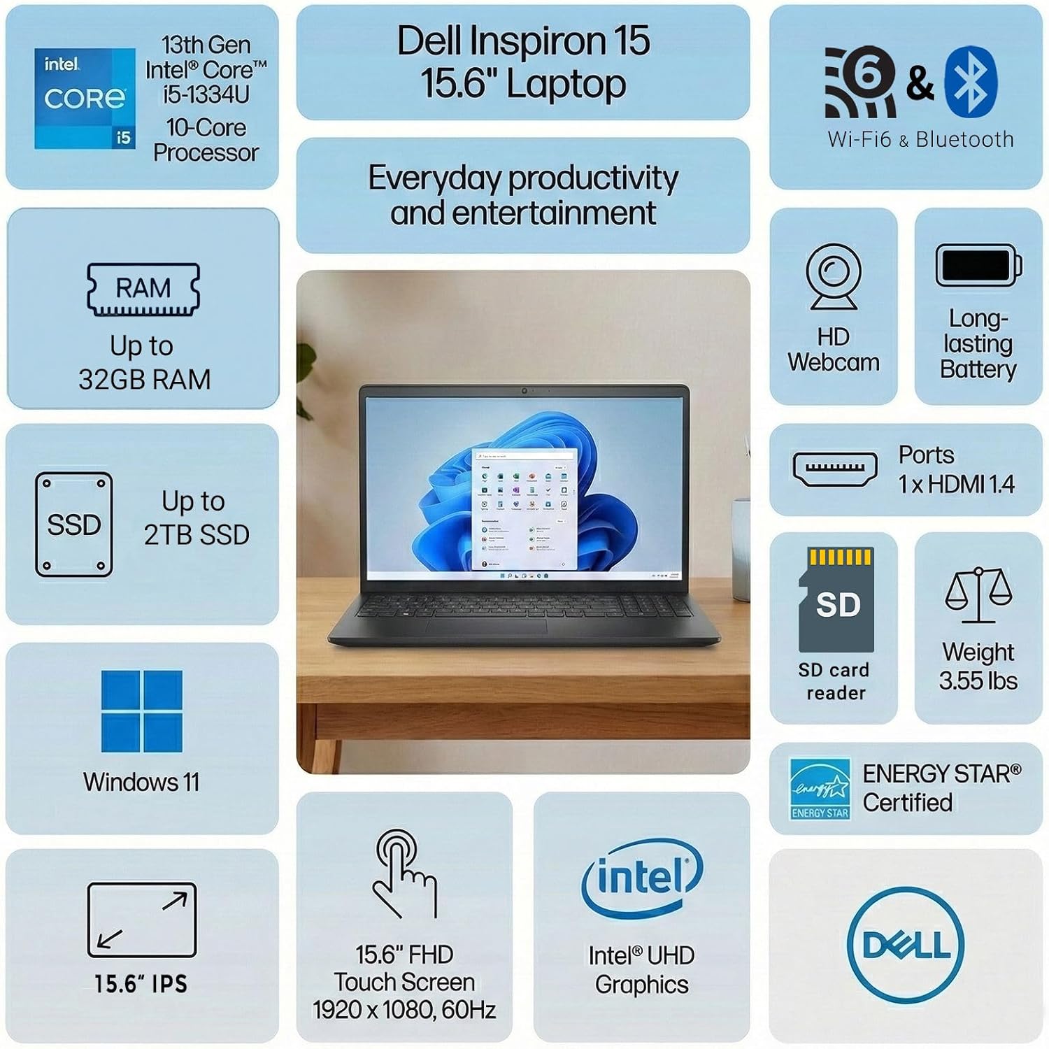 Dell Inspiron 15.6" FHD Touchscreen Laptop, Intel Core i5-1334U (10-Core, Up to 4.6GHz), 8GB RAM, 256GB PCIe SSD, Wi-Fi 6, HDMI, SD Card Reader, Numeric Keypad, Windows 11 Home, WOWPC USB