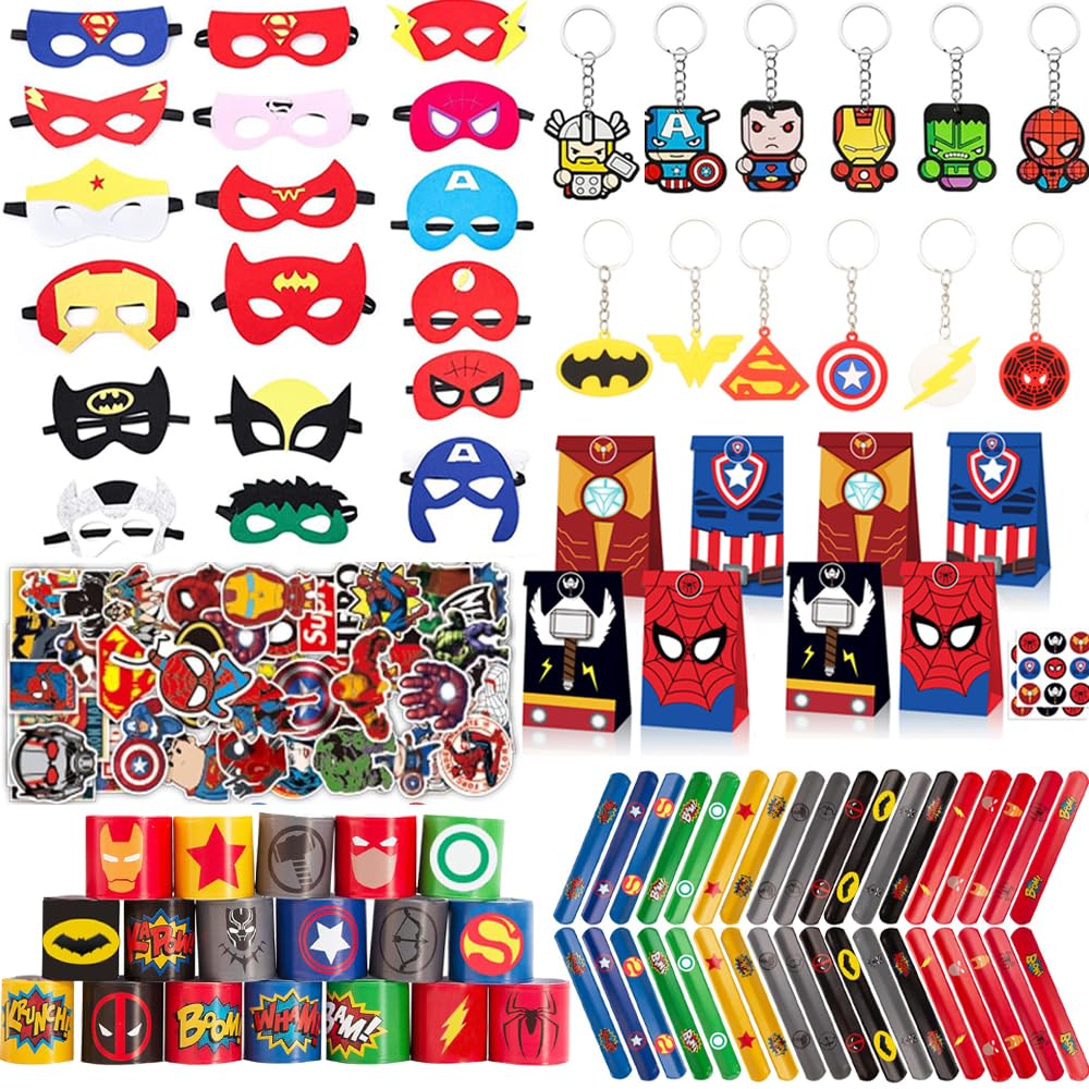 RefeNG 158pcs Party Articles Superhero Birthday Party Gift Set Includes 18 Pcs Party Articles Superhero masks,18Pcs Keychains 18Pcs Gifts Bag,36pcs Superhero Hand Slap Bracelet,Superhero Stickers