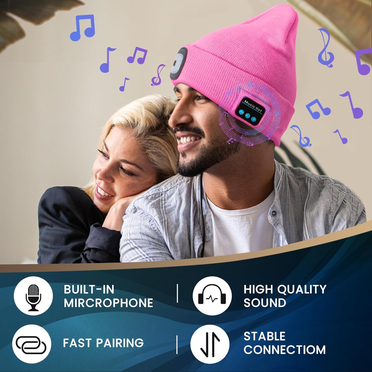 VIBELITE Bluetooth Beanie Hat with Light, USB Rechargeable LED Headlamp with Wireless Headphones, Valentines Day Gifts for Him, Men, Teen Boys, Husband, Women, Boyfriend, Pink