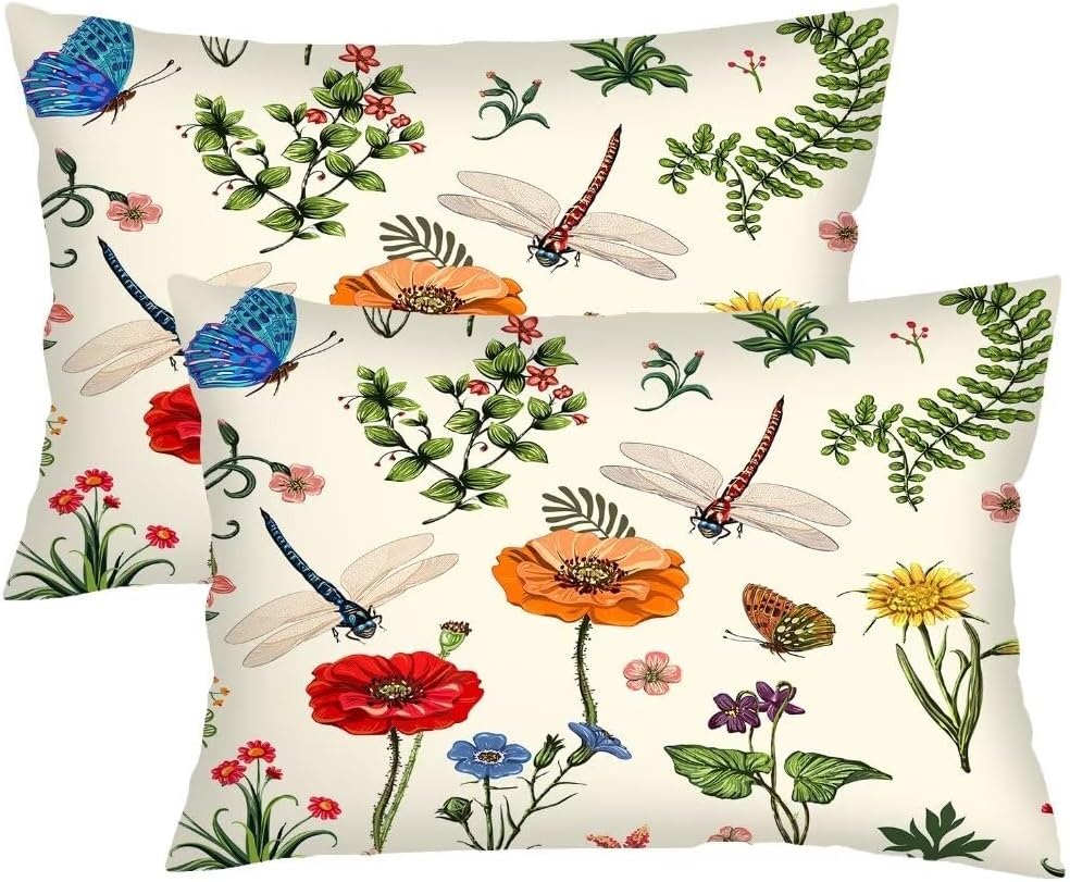 Spring Florals Throw Pillow Cover Queen Size Set of 2 ,Dragonfly and Garden Flowers Lumbar Pillow Case Decorative Standard Pillow Cases with Zipper Farmhouse Cushion Covers for Bed,Sofa,Couch,20"x30"