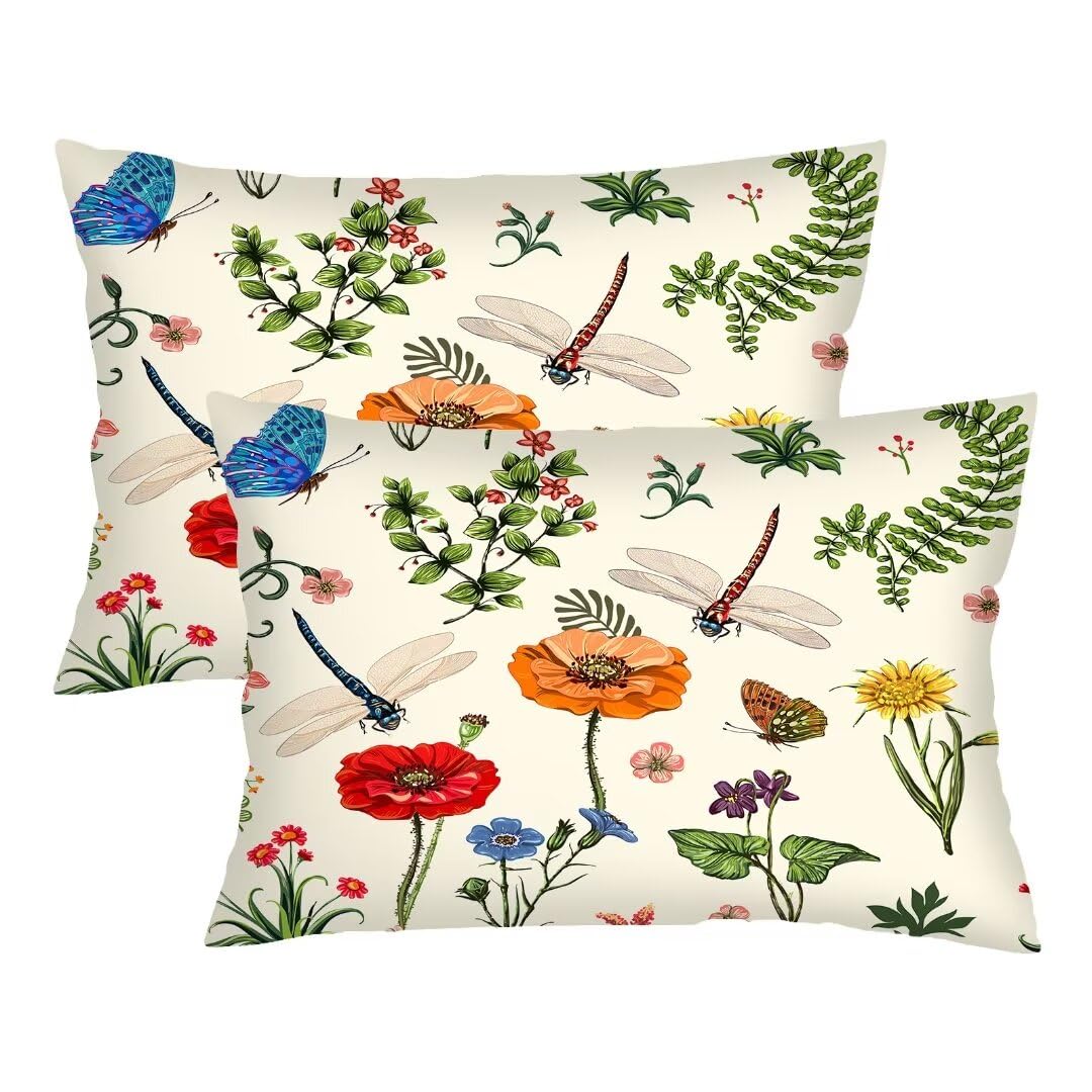 Spring Florals Throw Pillow Cover Queen Size Set of 2 ,Dragonfly and Garden Flowers Lumbar Pillow Case Decorative Standard Pillow Cases with Zipper Farmhouse Cushion Covers for Bed,Sofa,Couch,20"x30"