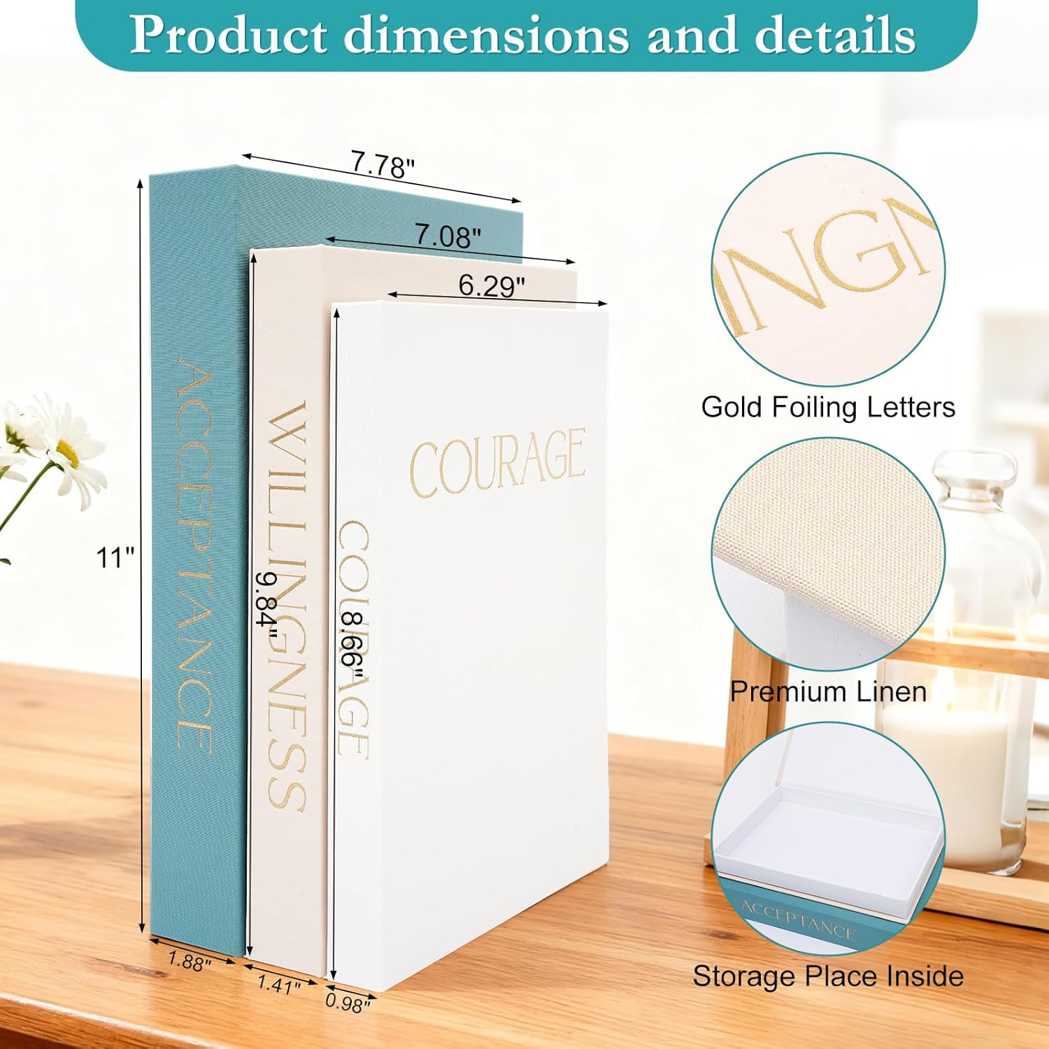 Decorative Books for Home Decor: 3 Hollow Linen Faux Books with Hidden Storage, The Growth Triad for Acceptance, Willingness & Courage | Energy Gift for Coffee Table & Bookshelf