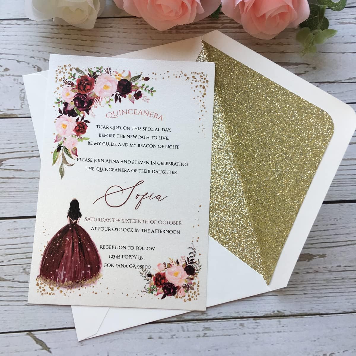 50PCS A7 Glitter Envelopes with Adhesive Self-Sealing, 5.3 x 7.7 inches Pearlescent Envelopes Perfect for 5'' x 7'' Weddings Invitation (Pearl Ivory + Champagne Gold Glitter Liner)