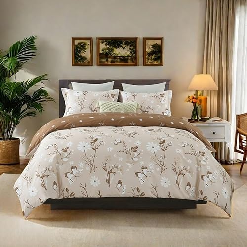 Uniclinens Funda de edredón reversible de otoño, tamaño Queen, 100% algodón, color beige y marrón, con cierre de cremallera y 8 lazos, 3 piezas,