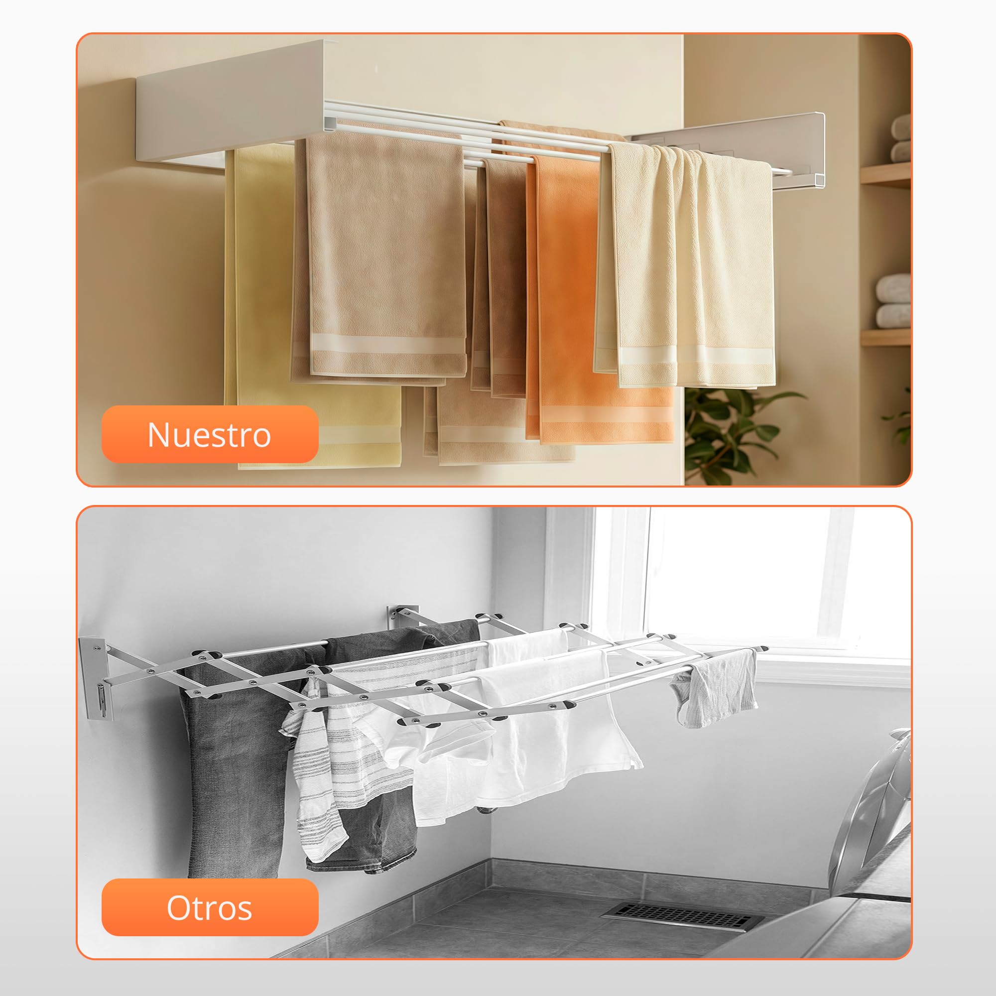JUPPLIES Tendedero Extensible Pared Plegable - Tendedero Retráctil Invisible con 5 Barras de Aluminio para Interior o Exterior - Ahorra Espacio con Diseño Compacto (Blanco, 100)