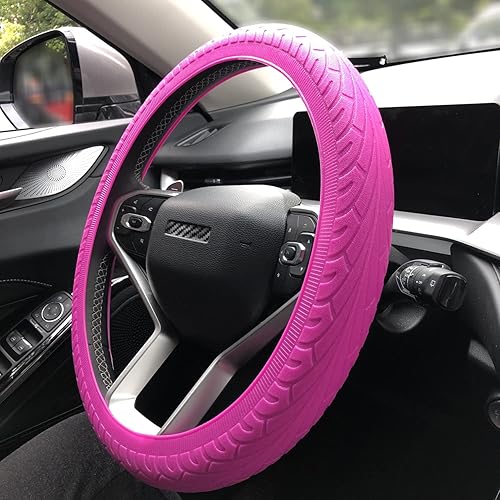 Miniatura 2 de Funda universal para volante rosa 13.5 a 15 pulgadas, protector de volante antideslizante de silicona elástica para la mayoría de modelos de