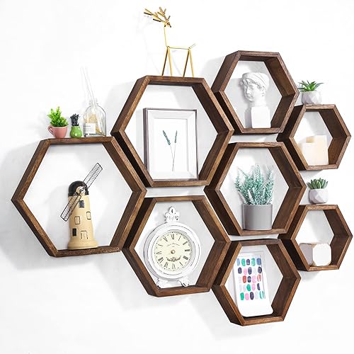 Maitys Juego de 8 estantes flotantes hexagonales para pared de panal de abeja, para colgar en la pared, estantes rústicos para baño, cocina,