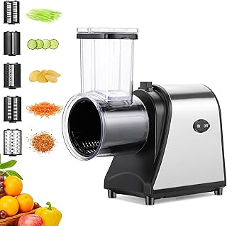 Cortadora Eléctrica de Verduras 250W, Rallador 5 en 1 con Amplia Boca de Llenado, Mandolina Multifuncional para Frutas, Verduras y Queso