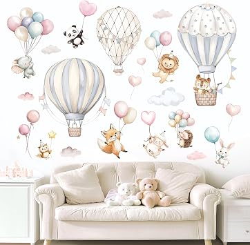 Cartoon Hot Air Balloons Wall Stickers Animals Self Adhesive Non-Toxic Wall Decals for Kids Bedroom Living Room