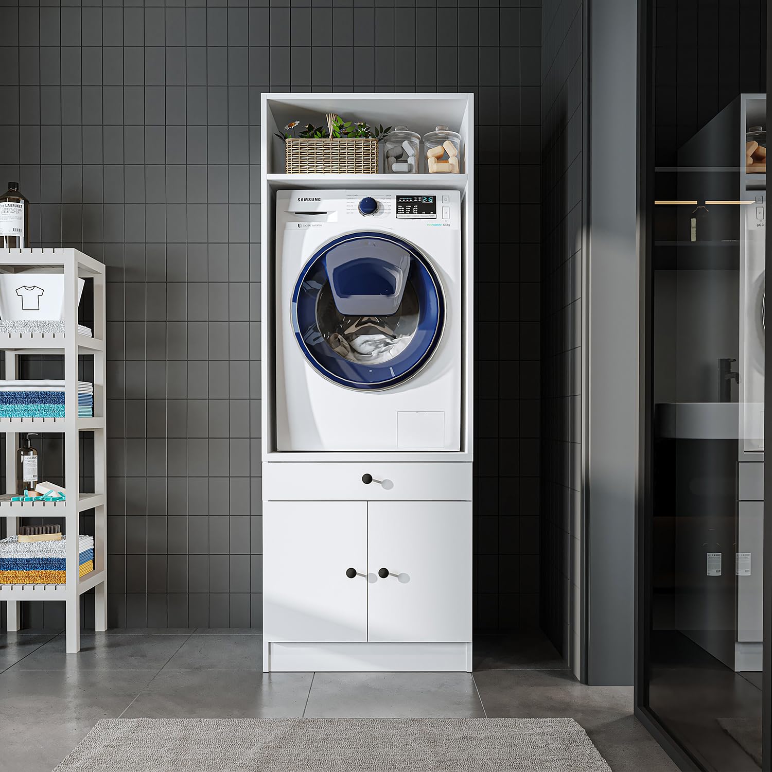 ROOMART • Waschmaschinenschrank mit Ausziehplatte • Platzsparend • Praktisch • Ideal für Hauswirtschaftsraum (Weiß, 1 Schrank - (184cm hoch))