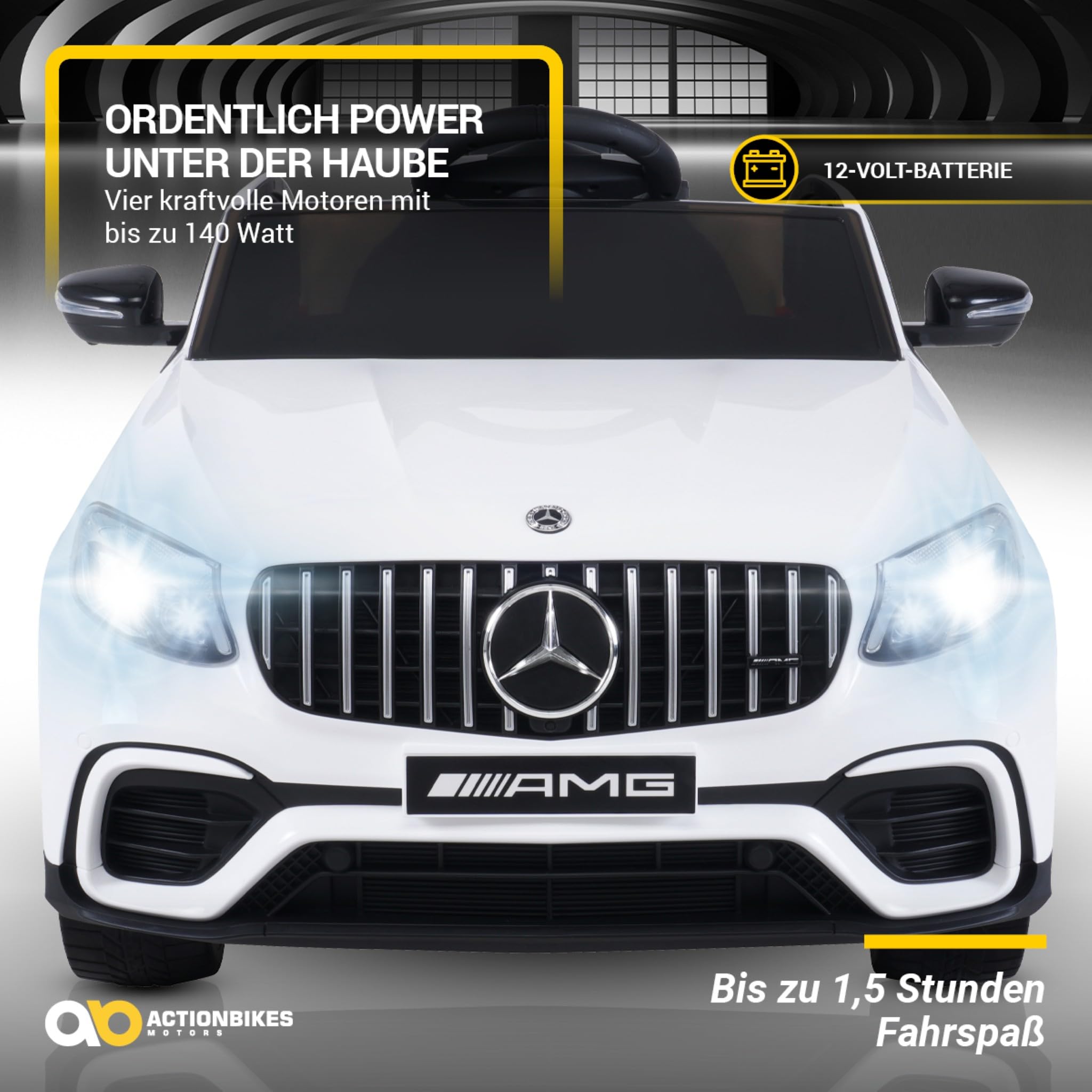 Actionbikes Motors Kinder Elektroauto Mercedes Benz AMG GLC 63S Coupé | Fernbedienung mit First Funktion - Lizenziert - Kinderauto elektrisch - Elektrofahrzeuge - Auto für Kinder ab 3 Jahre (Weiß)
