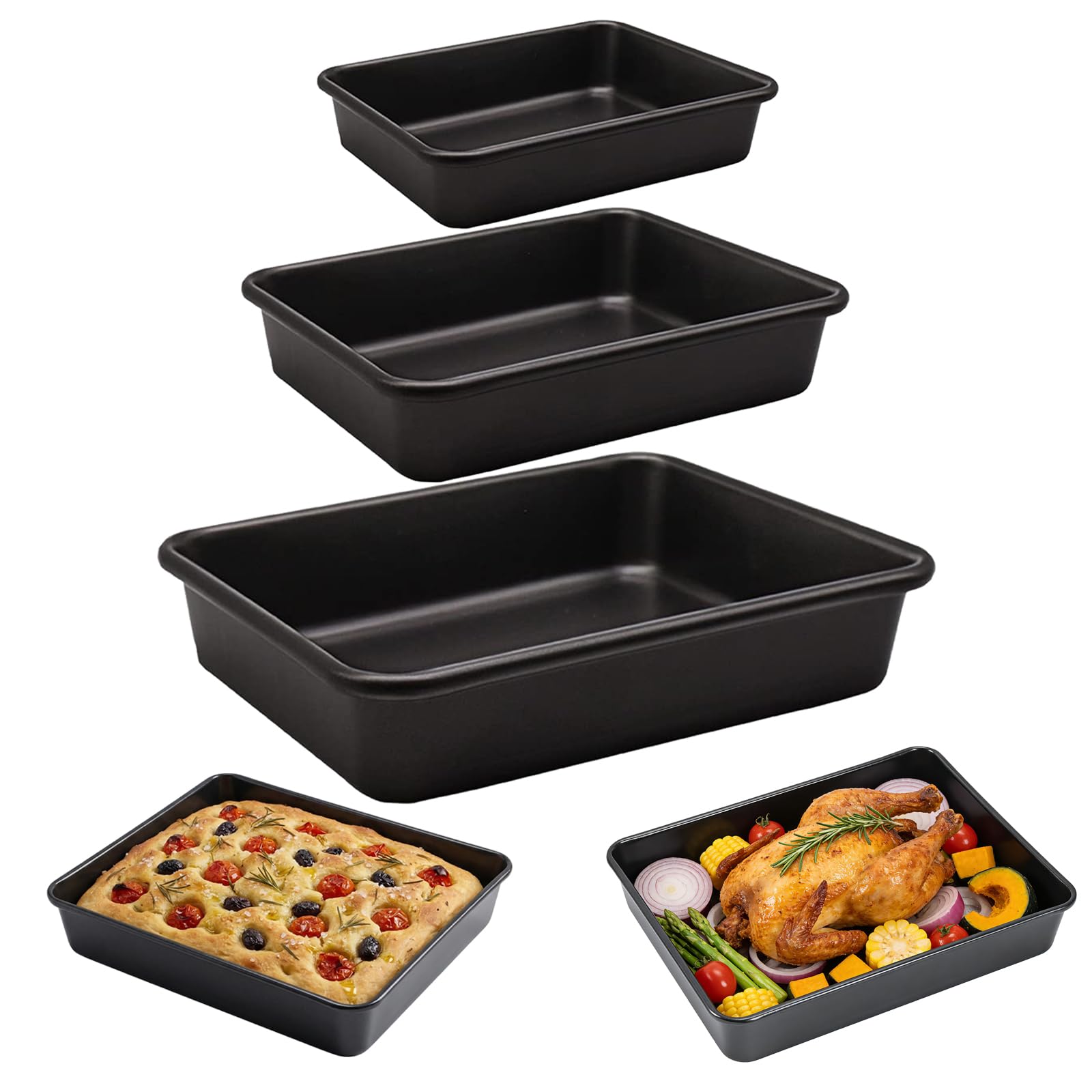 Paquete de 3 sartenes para asar, juego de bandejas antiadherentes, utensilios para hornear rectangulares para horno, revestimiento no tóxico y calidad duradera (negro)