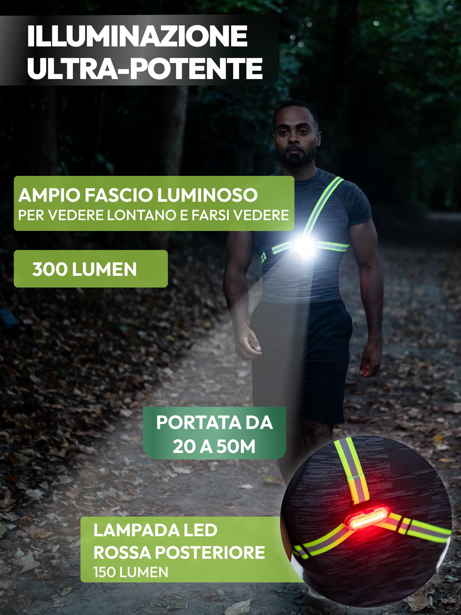 Lampada Pettorale Running LED Ricaricabile – Visibilità 360° Anteriore e Posteriore – Imbracatura Leggera Regolabile – Sicurezza Notturna per Corsa, Camminata e Bici