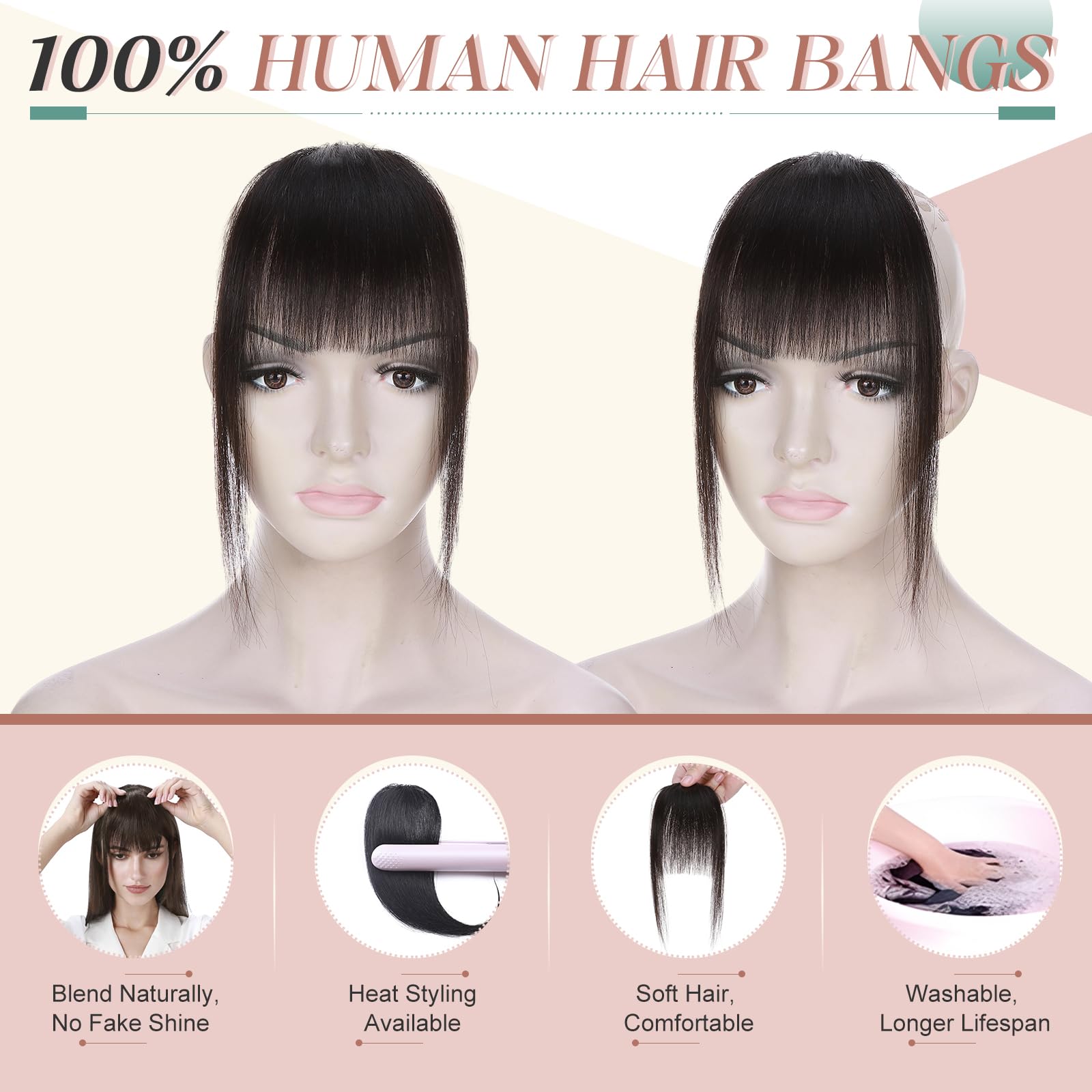 Elailite Clip in Bangs Neat Fringe with Temples Real Natural Human Hair Extensions Clip on For Women - #1B Natural Black - Image 4