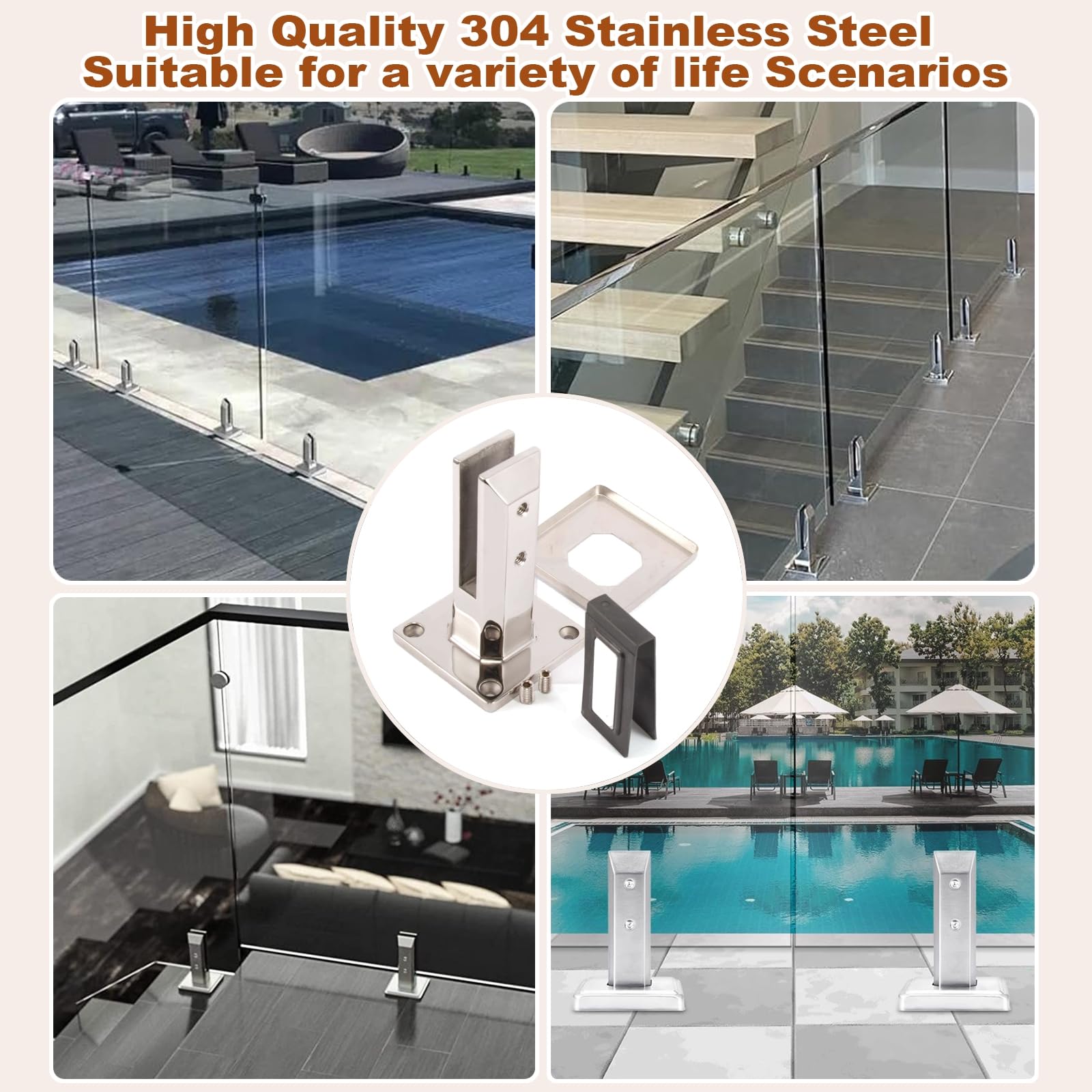 Uchwyt do balustrady szklanej, wytrzymały kwadratowy nosek ze stali nierdzewnej 304 10-15 mm, do ogrodzenia basenu, balkonu, schodów i podwórza, srebrny, zestaw 2 szt. (20 szt