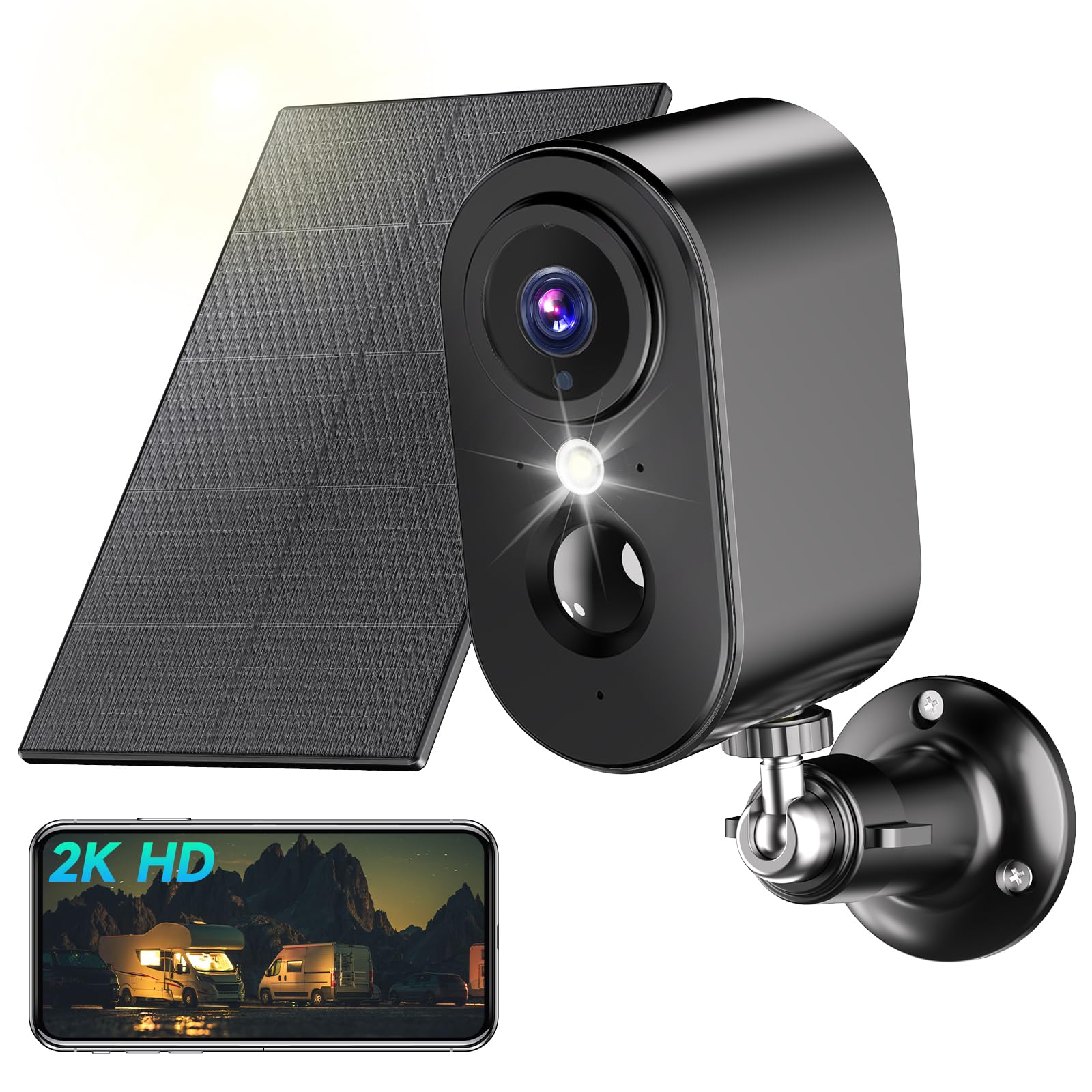 2K Cámara Vigilancia WiFi Exterior Solar, Camaras de Vigilancia sin Cables, Cámara Vigilancia Exterior con Batería, Panel Solar, Visión Nocturna Color, PIR detección de Movimiento, IP66, Negro