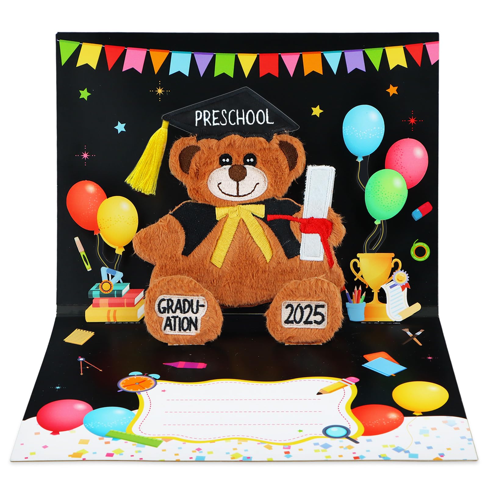 D4DREAM Preschool Graduation Pop Up Card - 2025 Black Teddy Bear Grad Card Preschool Graduation Gifts for Kids Son Daughter with Envelope