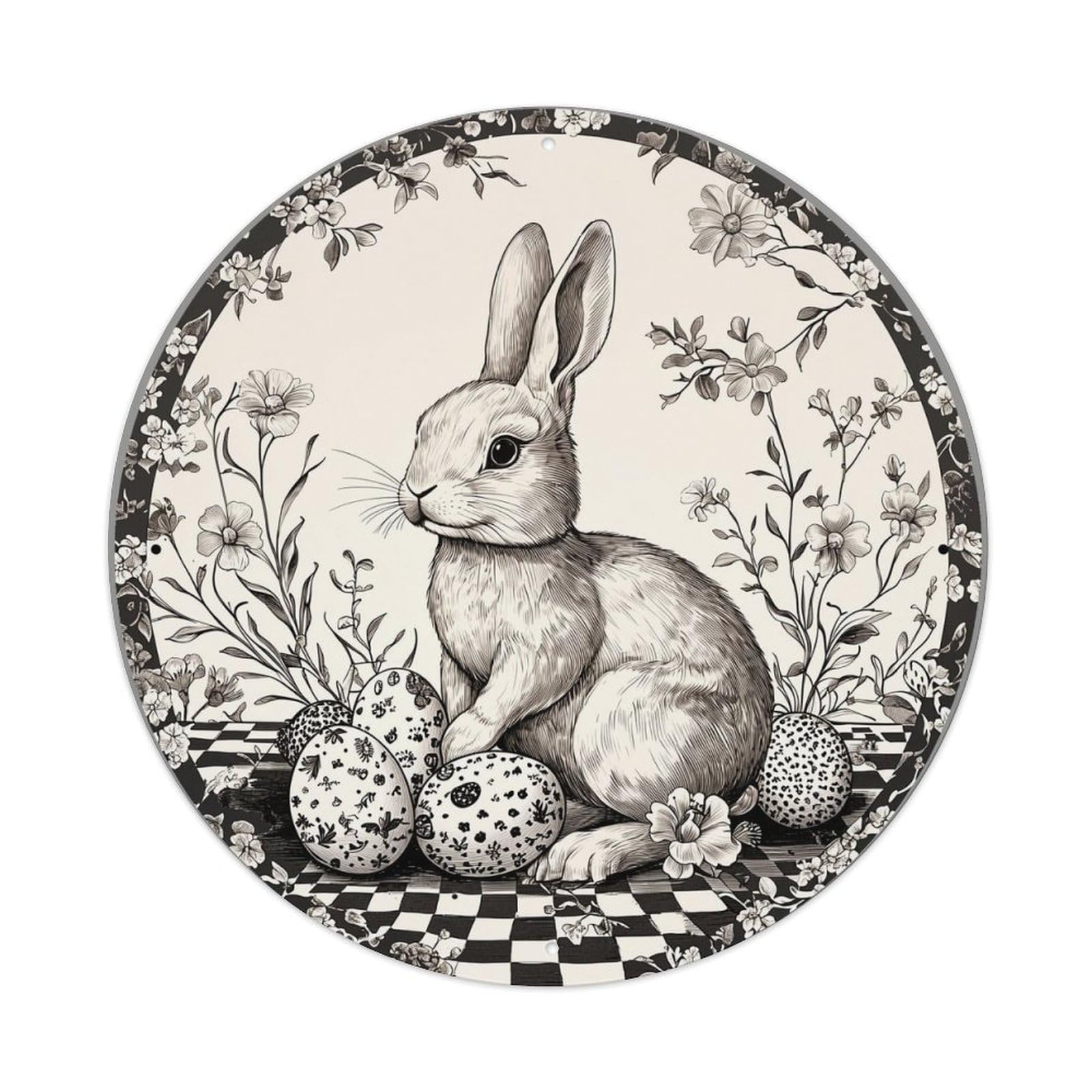 Easter Bunny With Floral Eggs Vintage Metal Tin Sign Retro Wall Decor for Home Bar Garage Cafe, Indoor & Outdoor Decorative，circle Metal Poster, 8x8 Inch