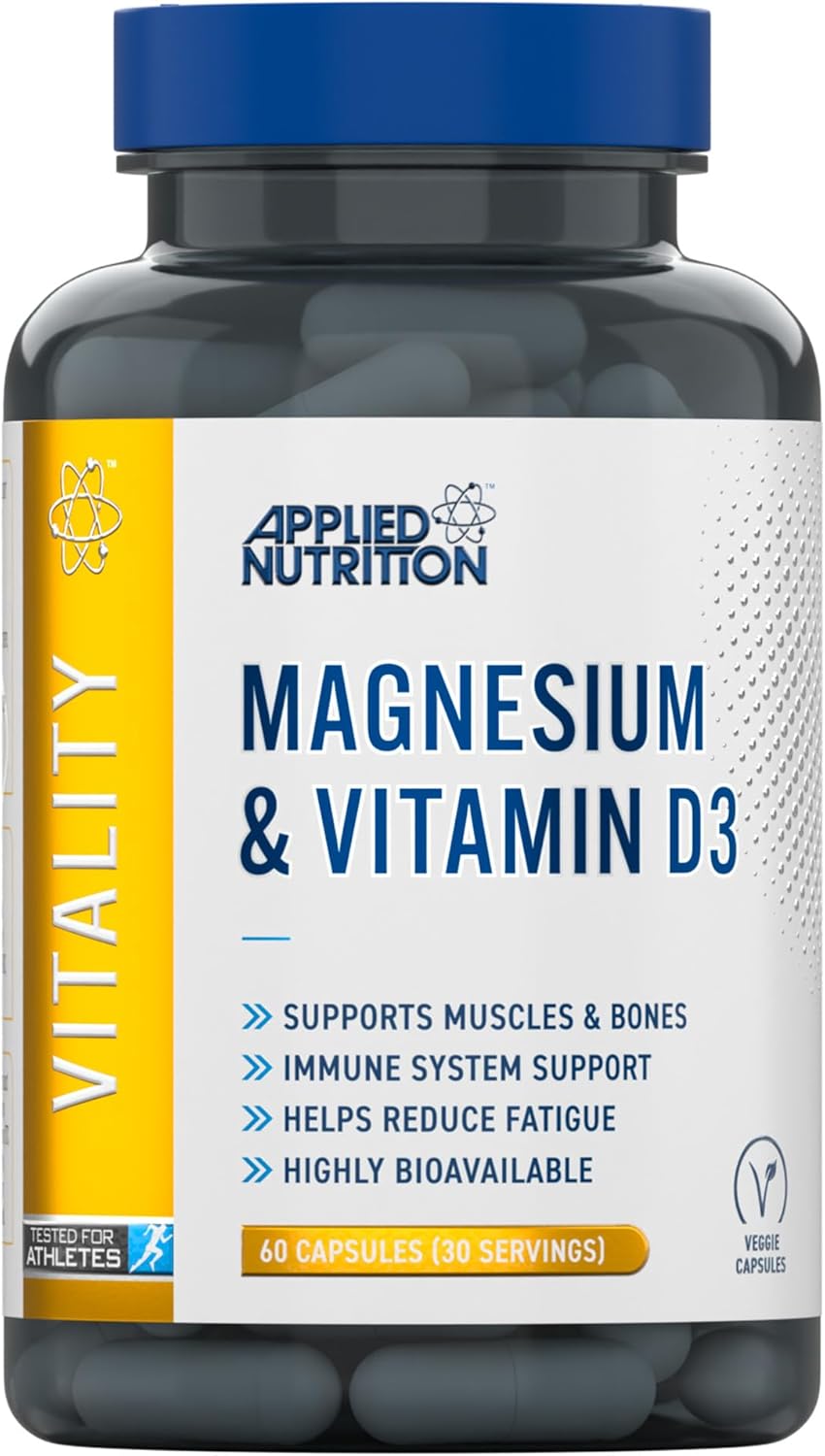 Applied Nutrition – Magnesium & Vitamin D3 – Tri-Magnesium Blend – Best Immune Support – Best Muscle & Bone Health – Reduces Fatigue – (60 Capsules – 30 Servings) (Unflavoured)