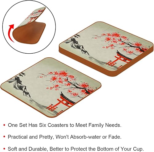 Miniatura 4 de Juego de 6 posavasos de estilo japonés para bebidas, estilo retro, estilo japonés, alfombrilla cuadrada de cuero para proteger muebles, resistente