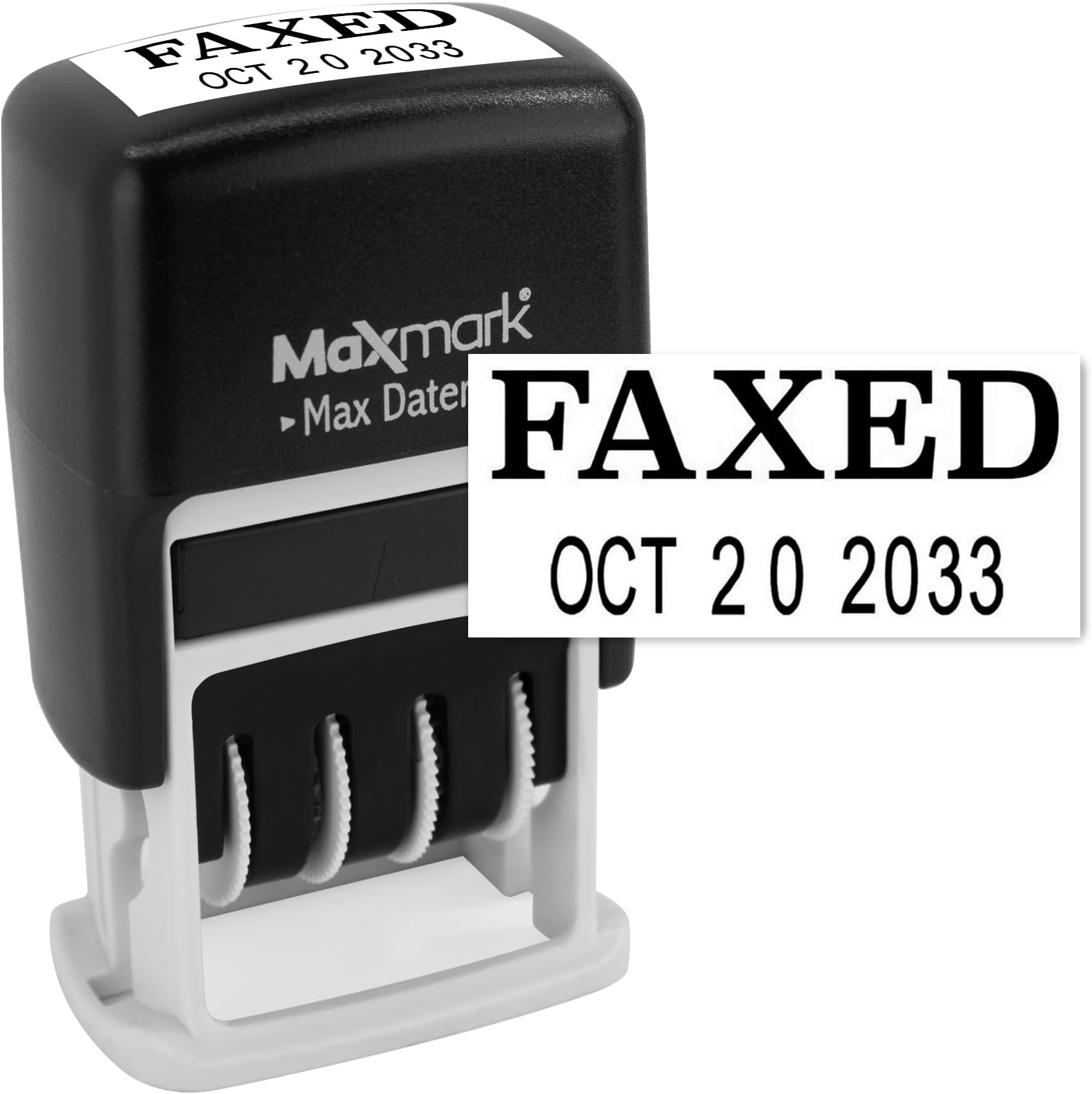 MaxMark Self-Inking Rubber Date Office Stamp with FAXED Phrase & Date - Black Ink (Max Dater II), 12-Year Band