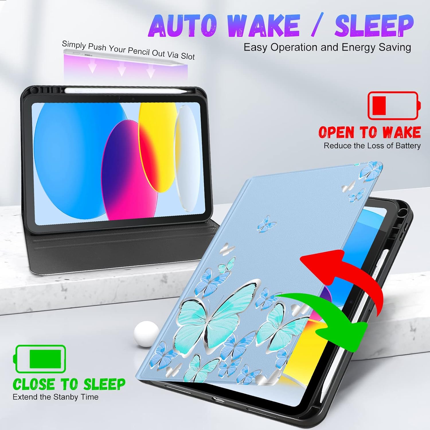 for iPad 10th Generation Case 10.9 Inch, for iPad 11th(A16) 2025 Girls Cute Women Folio Cover with Pencil Holder Blue Butterfly Aesthetic Design Girly Teens Unique Tablet Cases for Apple 10/11 - Image 5