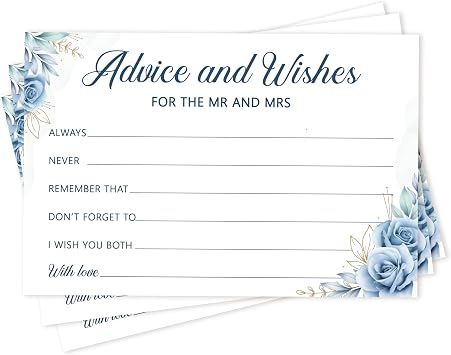Advice and Wishes Cards, 25 Pack Blue Floral Wedding Advice Cards, Well Wishes For Mr and Mrs Bride Groom Newlyweds, Ideal For Weddings Bridal Showers Engagement Parties Supplies Decor -07