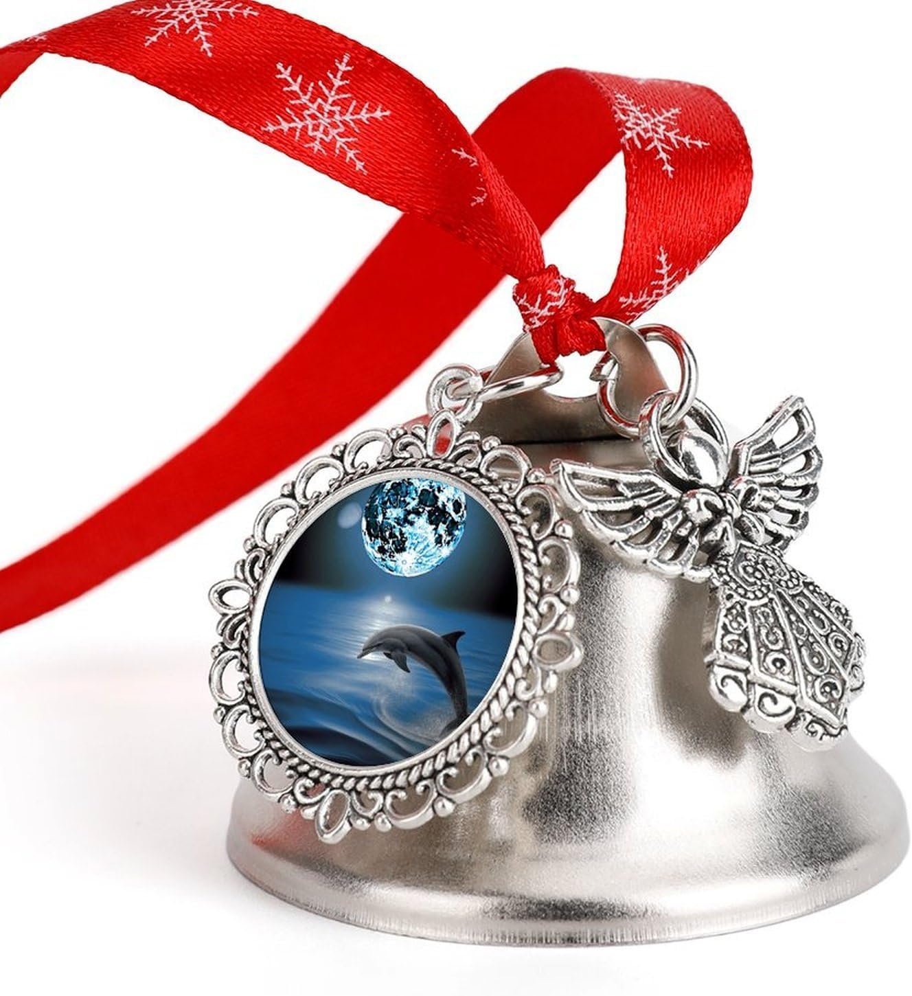 Dolphin and Moon Christmas Bells Ornaments with Wings & Heart Silver Bell Pendant for Christmas Tree Home Door Mantle Fireplace Decoration