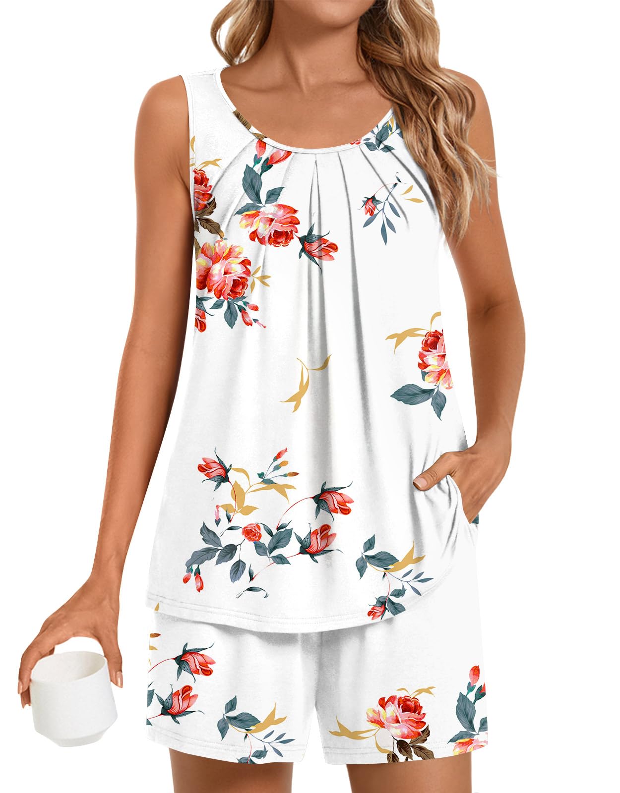 HOTGIFT Women's Pajamas Sets Sleeveless 2 Piece Pjs Sets Summer Casual Lounge Sleepwear with Pockets S-3XL