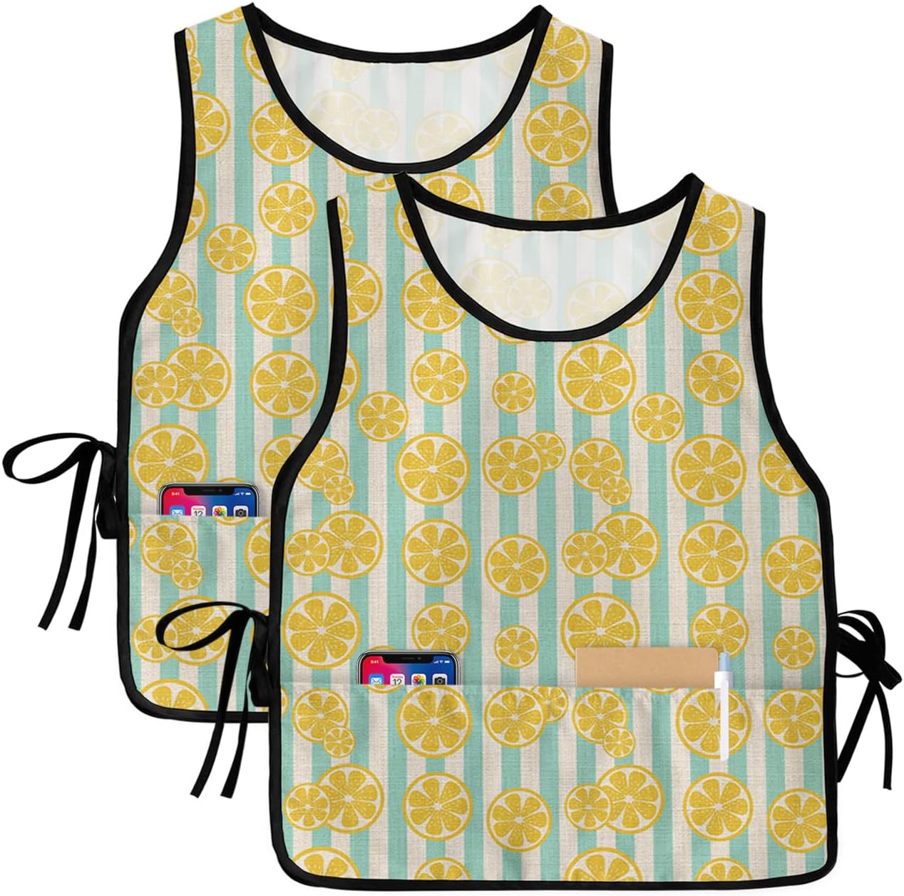 Auqa Stripes Yellow Lemon Cobbler Aprons with 2 Pockets for Women Men, Fashionable Printed Unisex Bib Waterproof Cleaning Smock Vest for Chef Kitchen Summer Fruit Watercolor 2 Packs, 20''x 31.5''