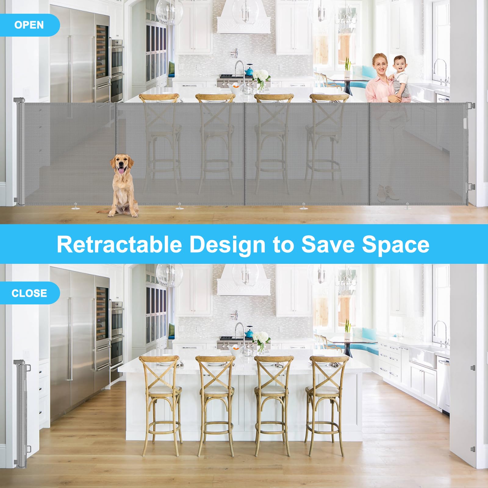 Cancelletto estensibile per scale, 0-500 cm Porta retrattile e cancelletto per bambini e animali domestici, barriera per bambini estensibile, adatto per uso interno ed esterno (5M)