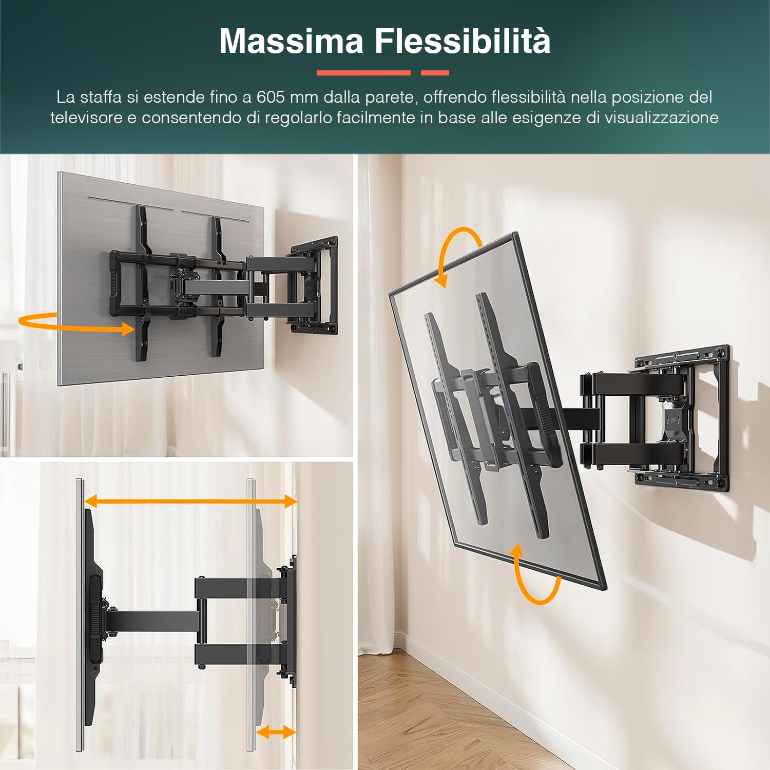 Soporte TV Full Motion 32"-80" – Soporte TV de pared giratorio e inclinable, extensible hasta 605 mm, VESA hasta 800 x 600, carga máxima 75 kg, negro