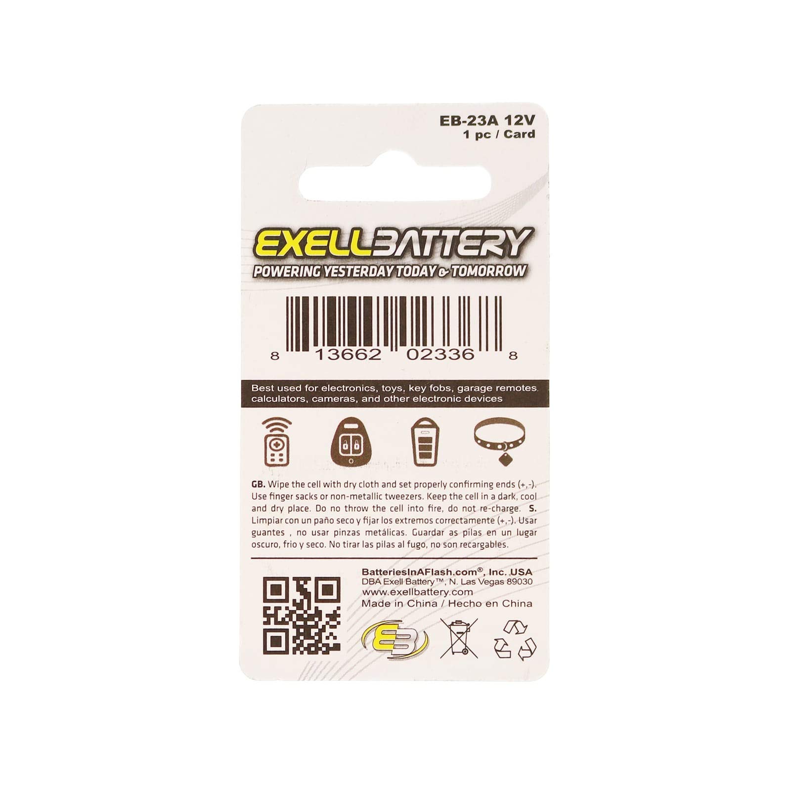 Exell EB-23A Alkaline 12V Battery Replaces 27A, A27, B-1, CA22, EL-812, EL812, G27A, GP27A, L828, MN27, R27A