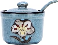 VanEnjoy Retro Hand-Painted Flower Ceramic Sugar Spice Jar with Spoon - Blue Porcelain Condiment Container 160ml