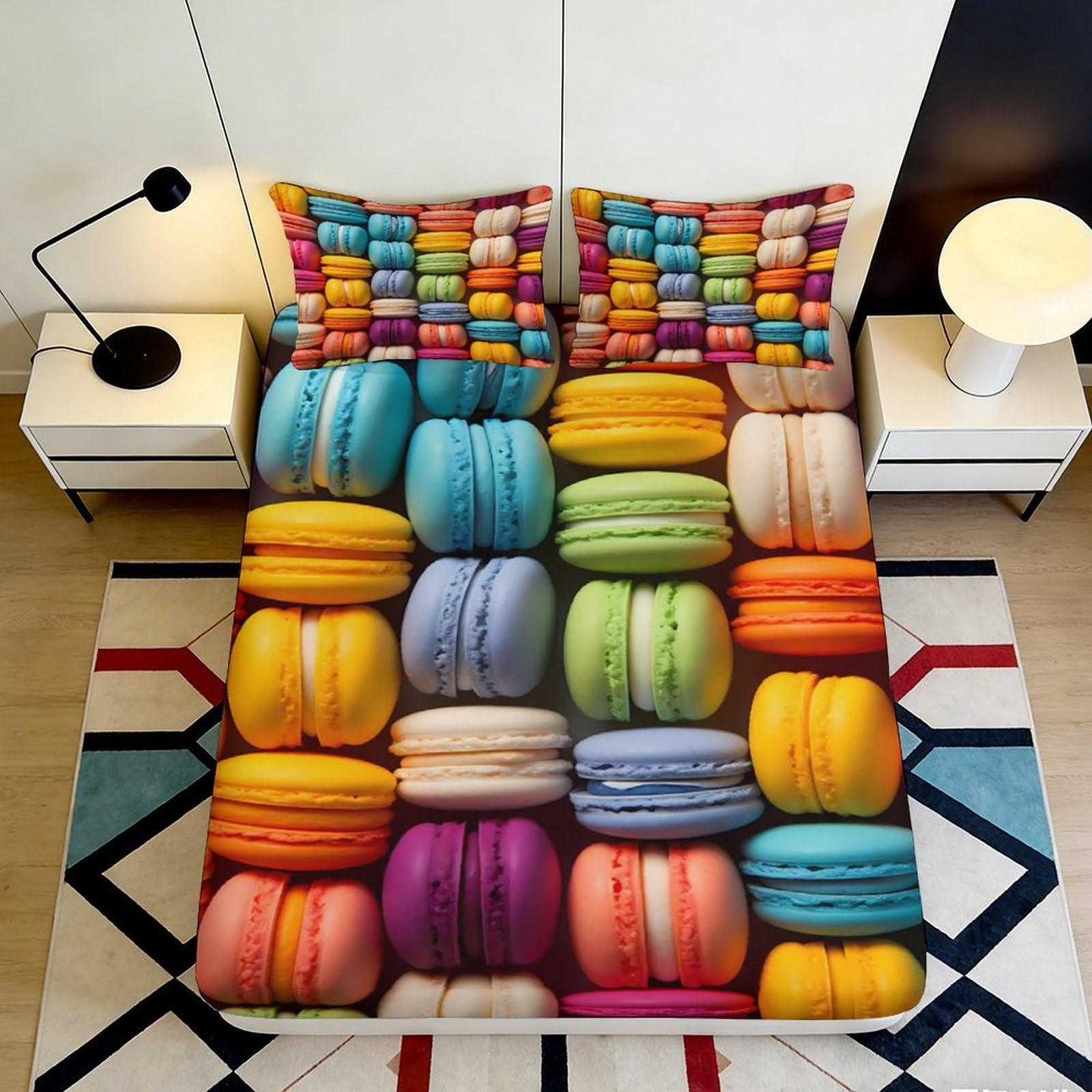 3D Printed Colorful Macarons Fitted Sheet Microfiber Soft Breathable 3D Printed Multicolor Macaron Bed Cover for Bedroom Dormitory Guest Room Mattress Protection 120x200x25cm