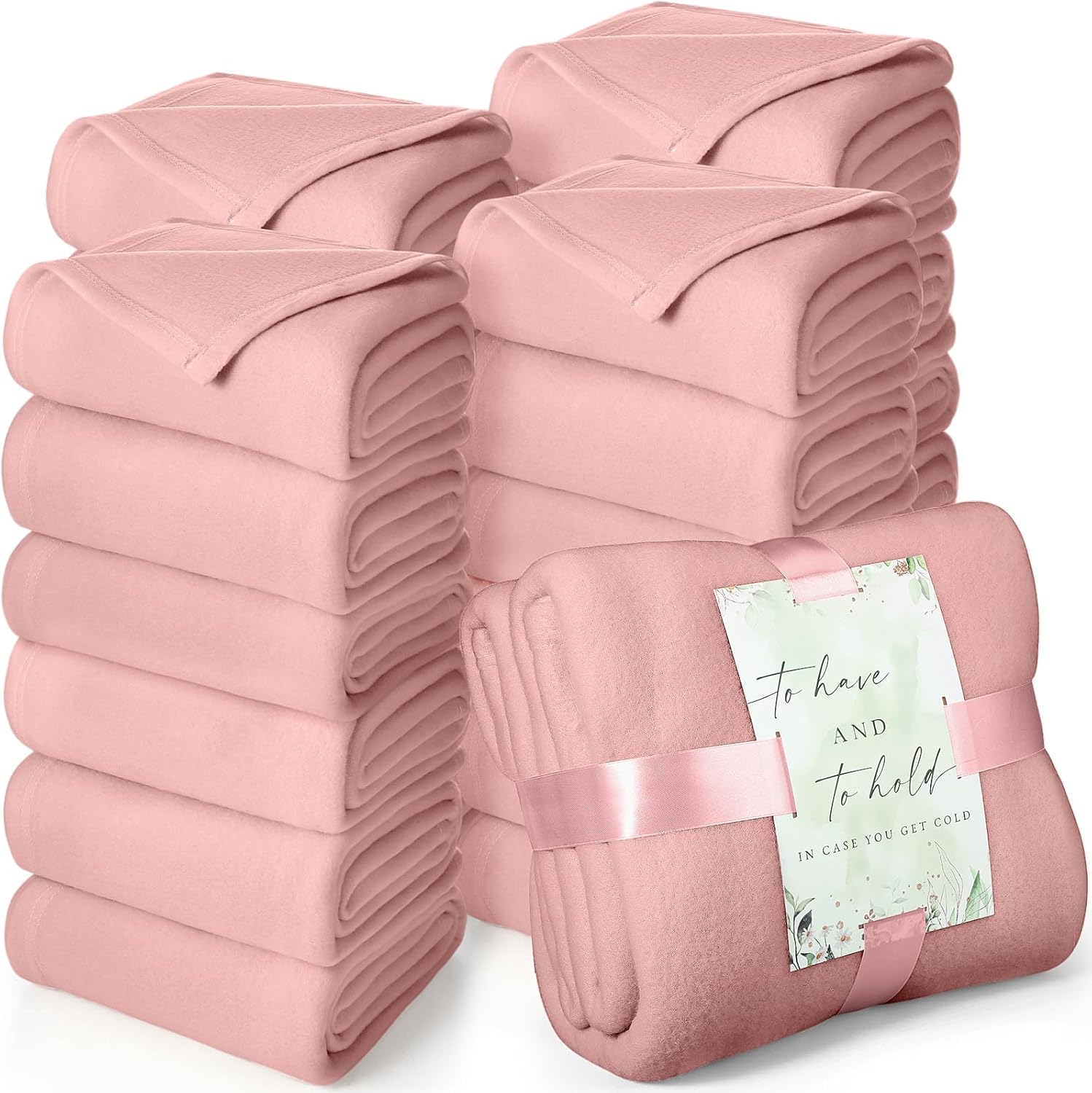 buryeah 24 pack oeko-tex certified wedding flannel throw blanket bulk 50 x 60 inch soft fleece lap blanket with thank you cards ribbon for guests sleepover spa slumber favors gifts (pink) pink 24