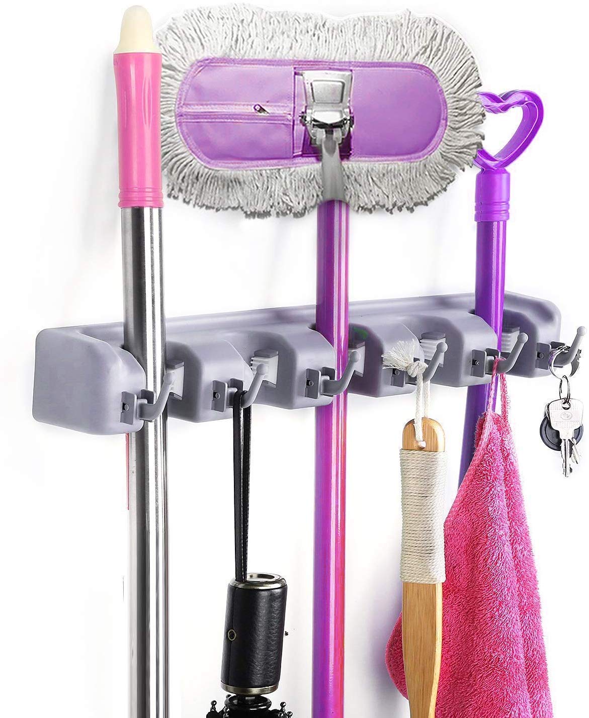 OZKET Plastic 2 In1 5 Slots and 6 Hooks Wall Mounted Magic Mop Broom Sticks Hanger Stand Organizer Holder (Multicolour) (B097HBH7PP) Amazon Price History, Amazon Price Tracker