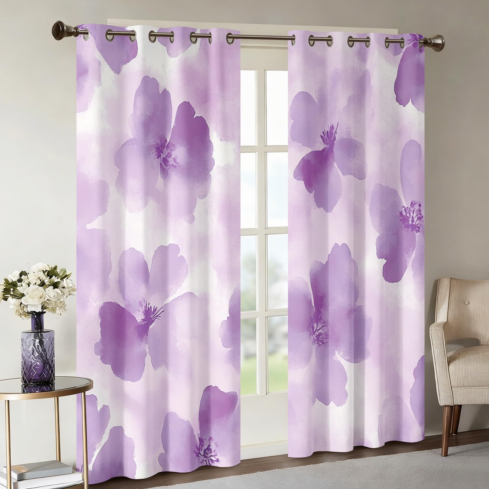 Generisch Lila Blumen Vorhang Blickdicht, 95% Blickdichte Vorhänge Aquarell Blumen, Verdunkelungsvorhang 260x140 2er Set, Schlafzimmer Wohnzimmer Gardinen mit Ösen Q-D37
